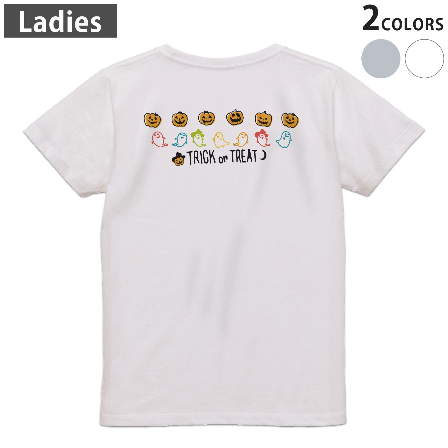 Print - Tシャツ レディース バックプリント 半袖 ホワイト グレー デザイン M Lティーシャツ T shirt 017469 かぼちゃ　おばけ　かわいい