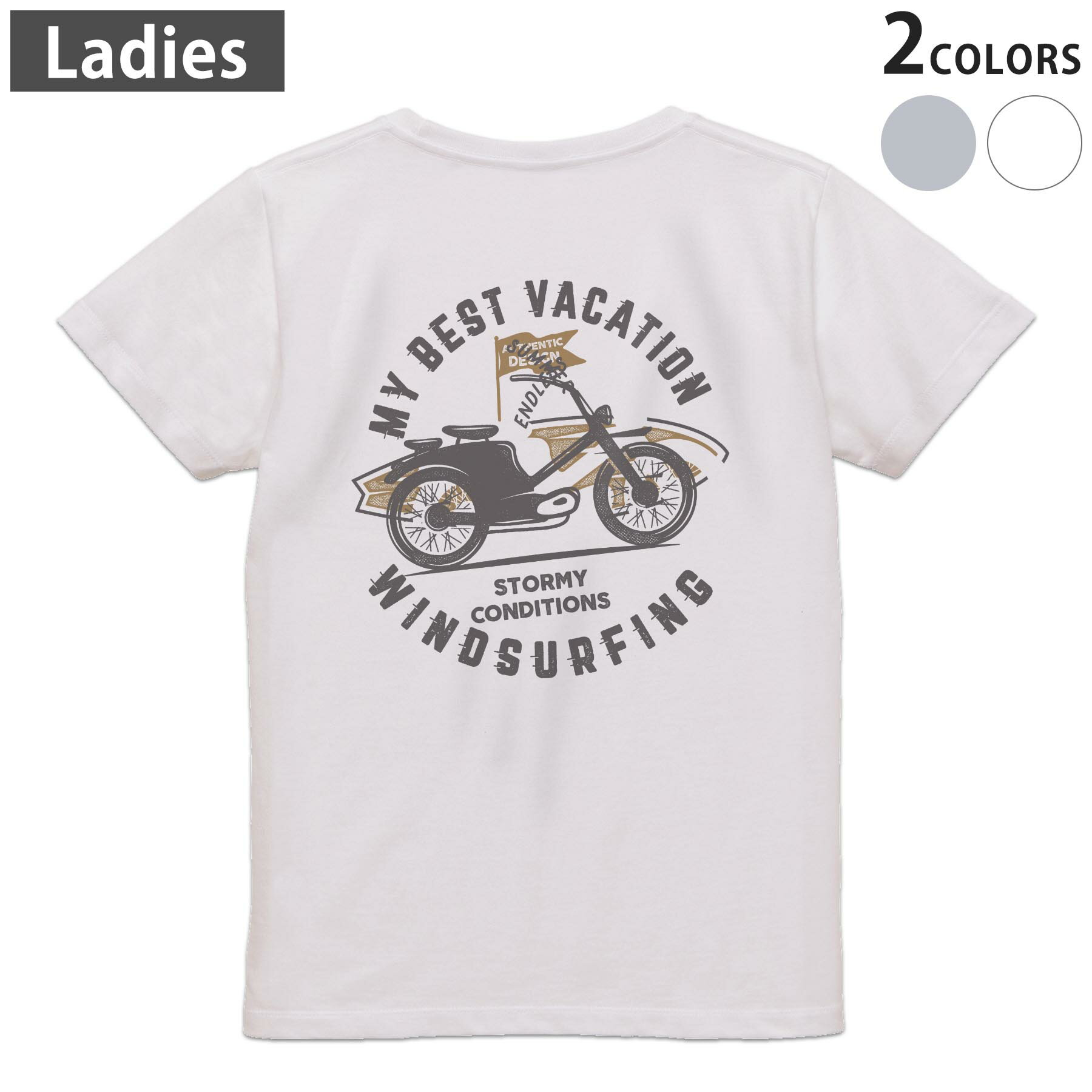 Print - Tシャツ レディース バックプリント 半袖 ホワイト グレー デザイン M Lティーシャツ T shirt 017529 バイク　ヴィンテージ　レトロ