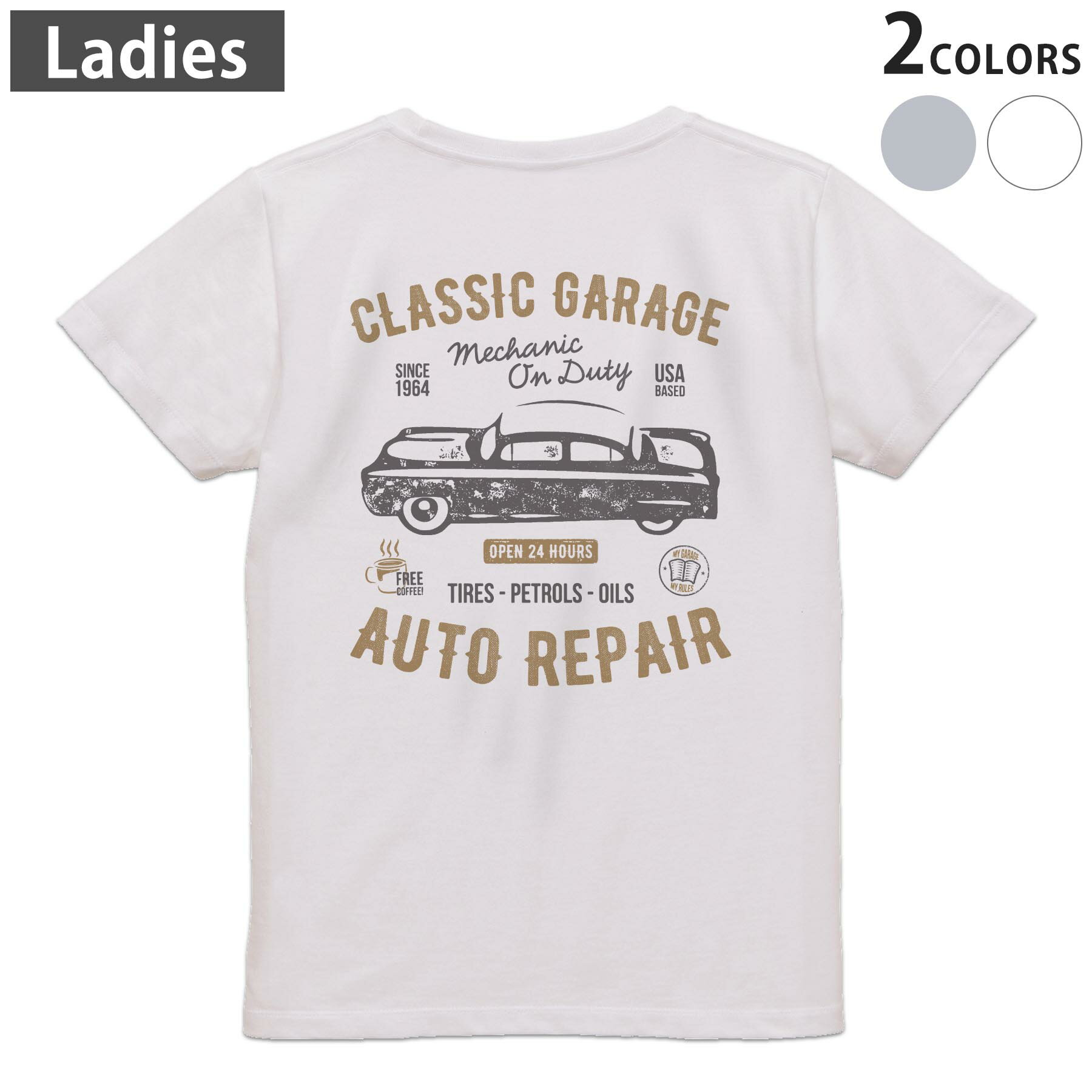 Tシャツ レディース バックプリント 半袖 ホワイト グレー デザイン M Lティーシャツ T shirt 017530 車　ヴィンテージ　レトロ