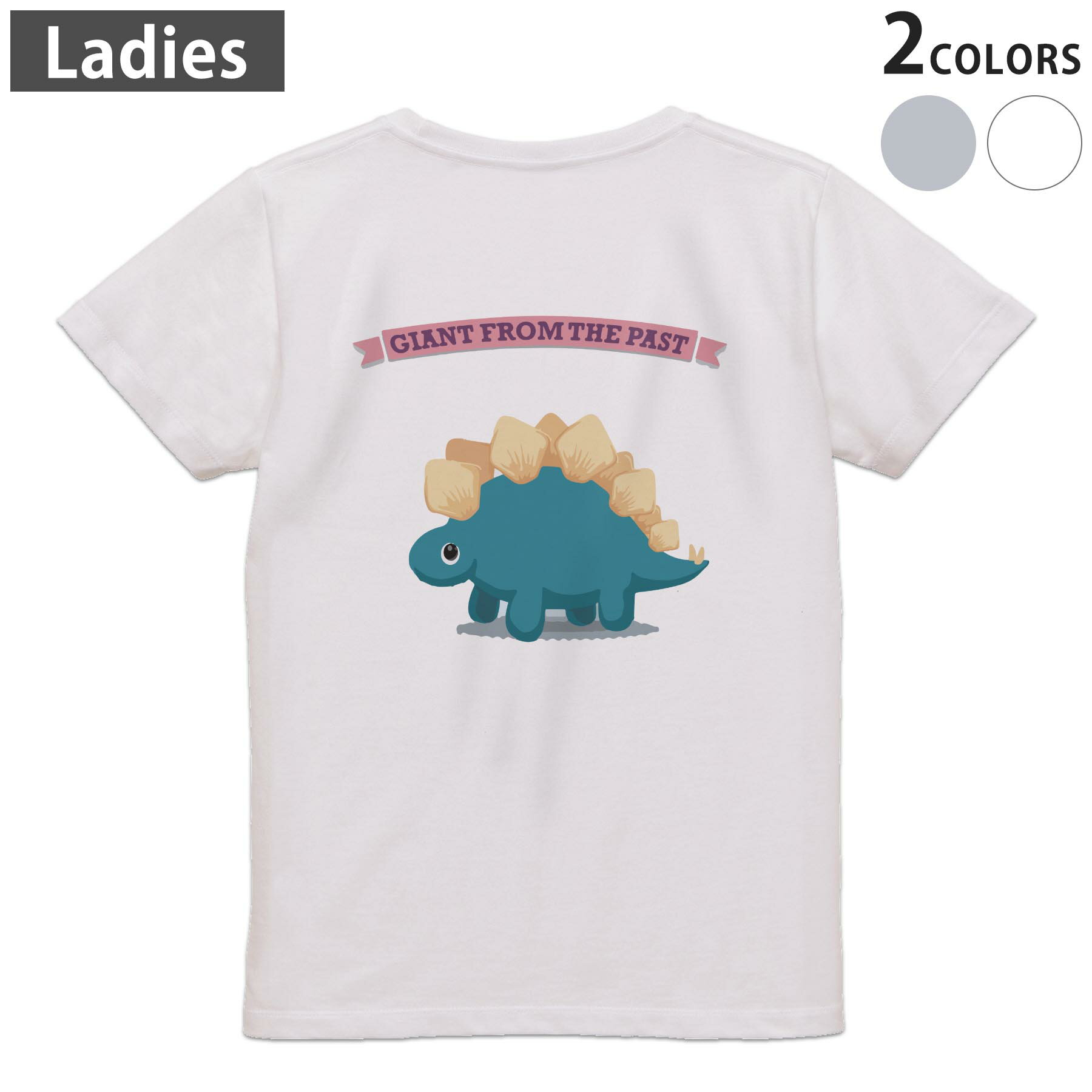 Print - Tシャツ レディース バックプリント 半袖 ホワイト グレー デザイン M Lティーシャツ T shirt 017546 ダイナソー　恐竜　Dinosaur