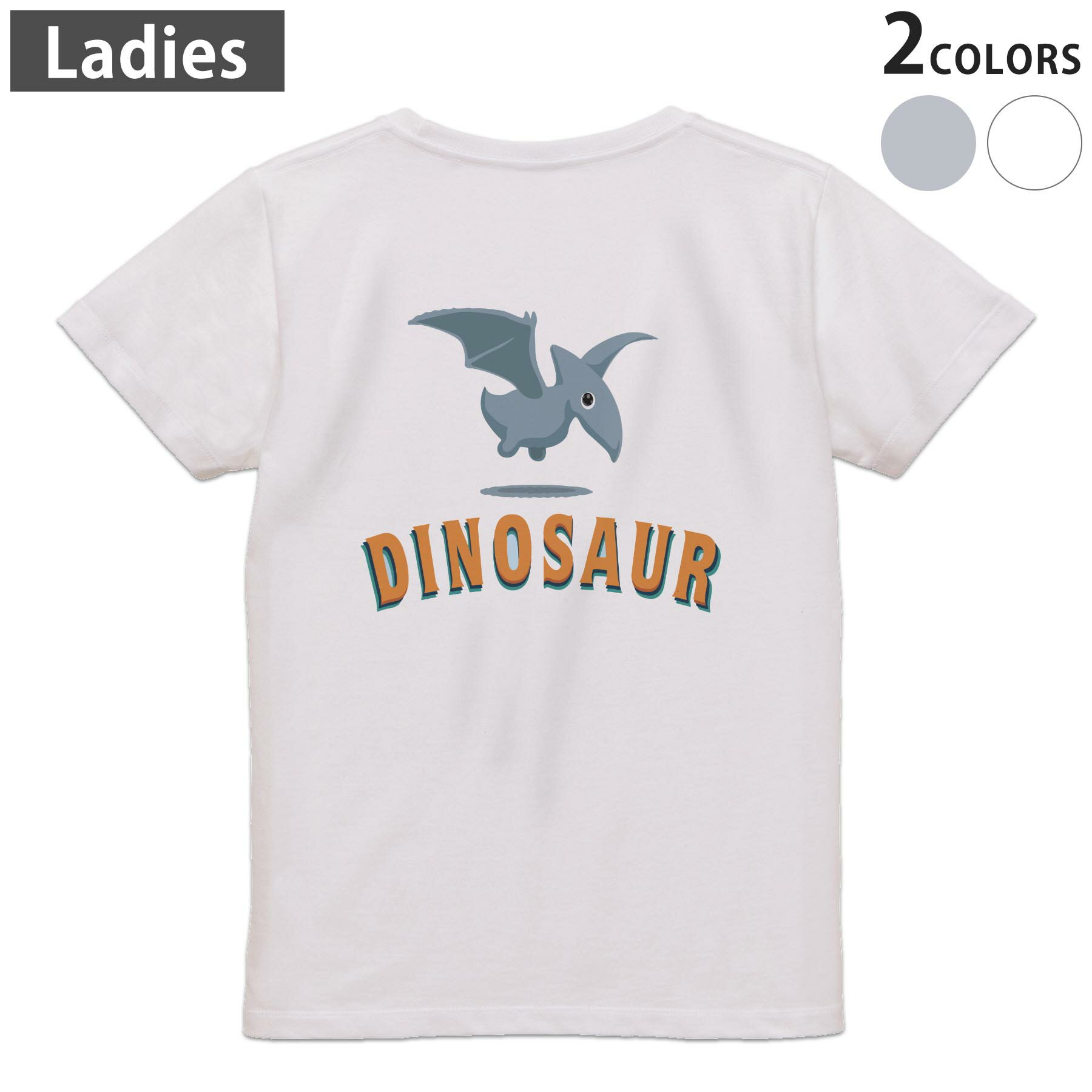 Print - Tシャツ レディース バックプリント 半袖 ホワイト グレー デザイン M Lティーシャツ T shirt 017549 ダイナソー　恐竜　Dinosaur