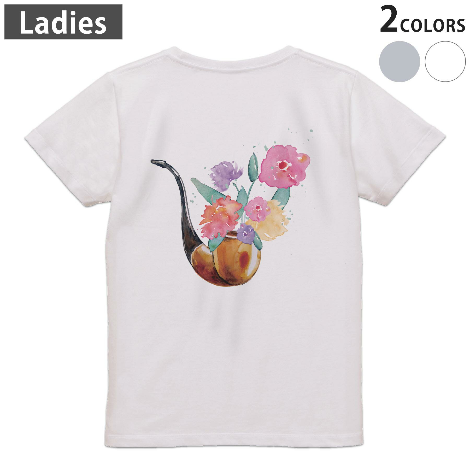 American Casual - Tシャツ レディース バックプリント 半袖 ホワイト グレー デザイン M Lティーシャツ T shirt 017761 花　　手書き風　たばこ