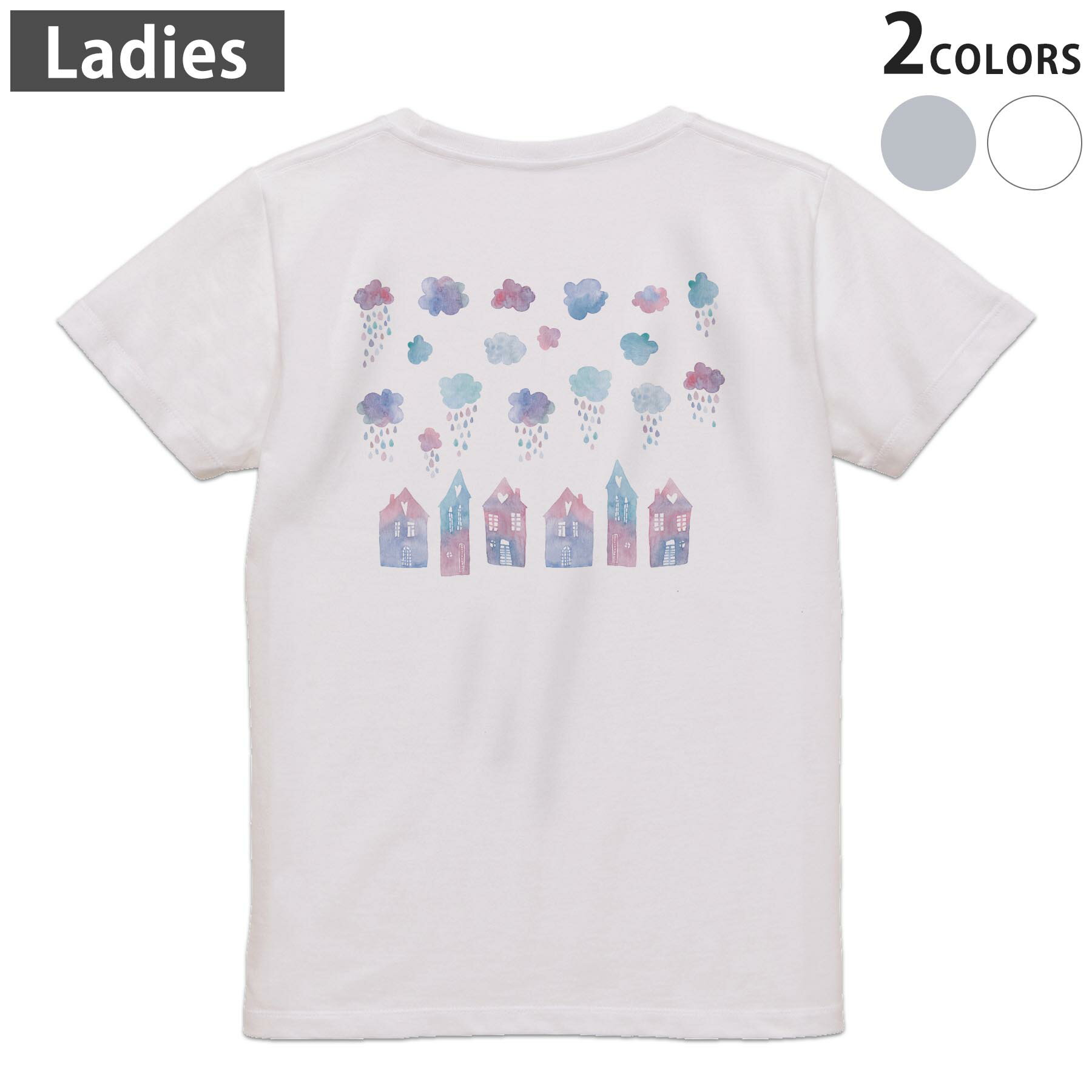 Tシャツ レディース バックプリント 半袖 ホワイト グレー デザイン M Lティーシャツ T shirt 017790 梅雨　雨の町　かわいい