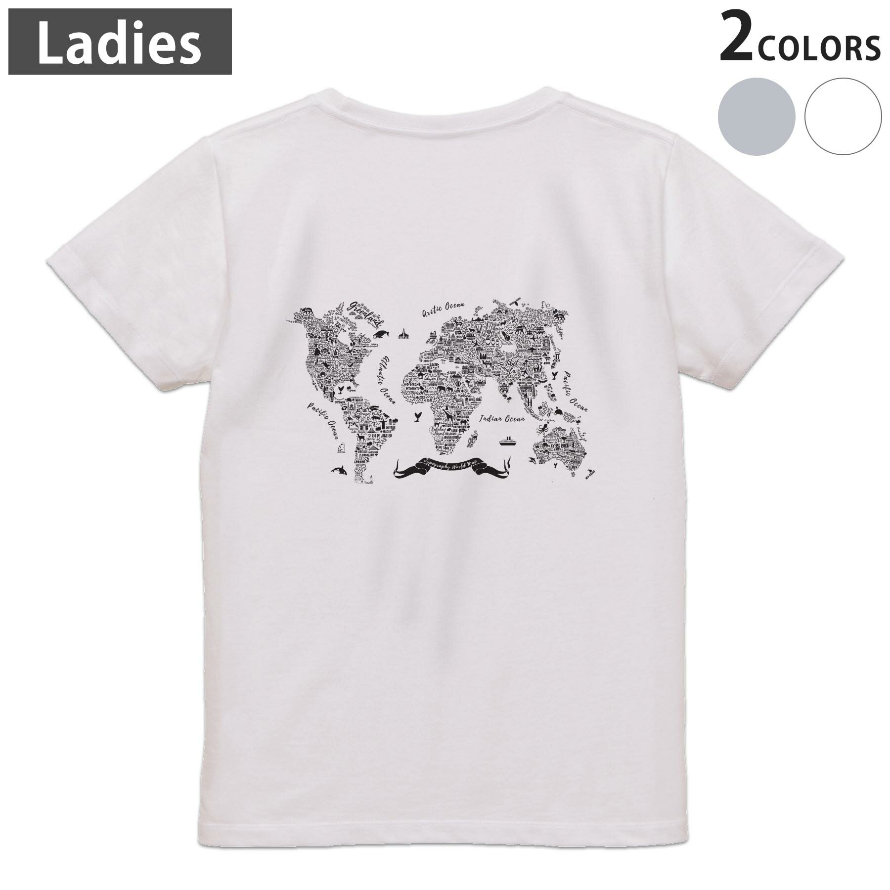 Print - Tシャツ レディース バックプリント 半袖 ホワイト グレー デザイン M Lティーシャツ T shirt 017791 地図　map　ブラック