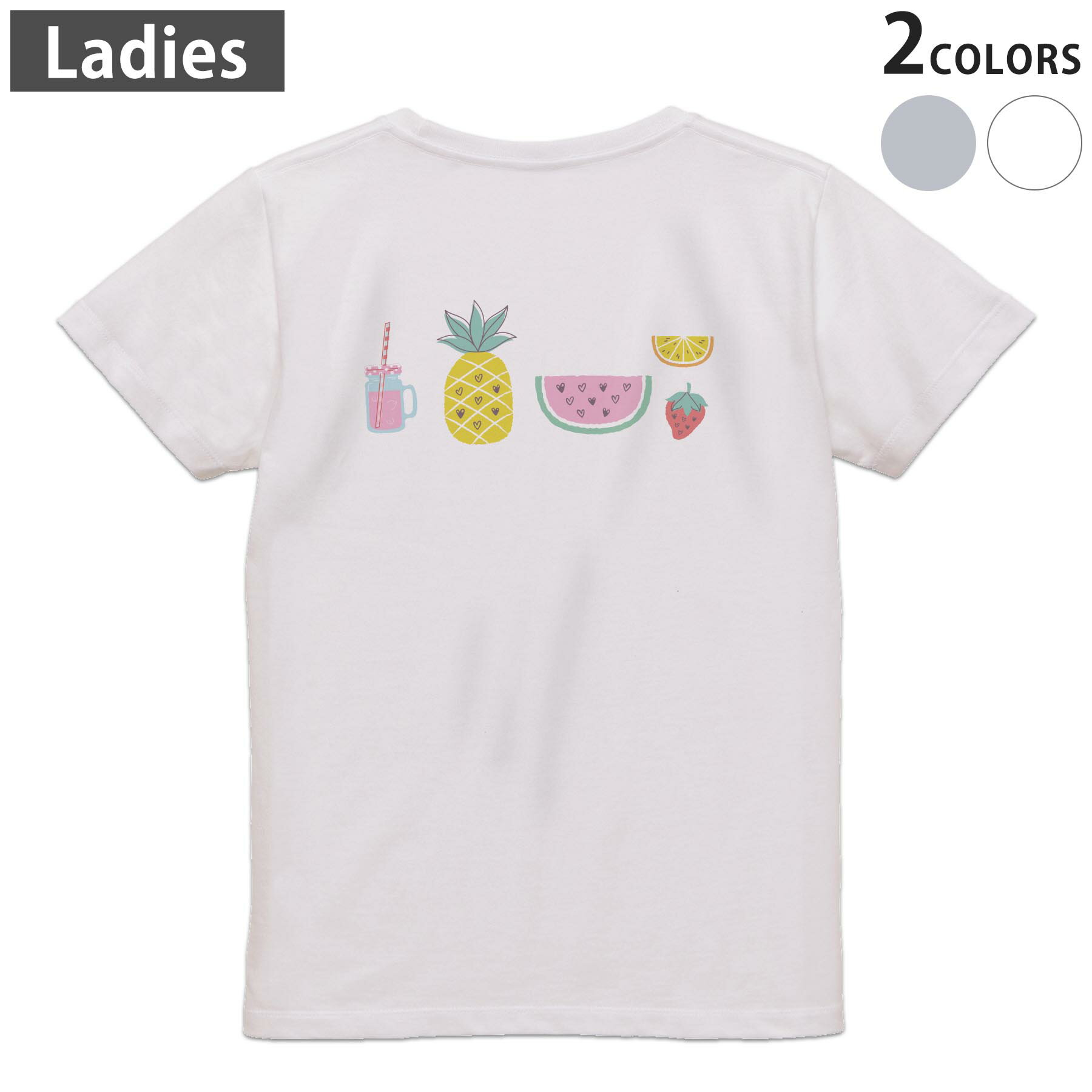 Tシャツ レディース バックプリント 半袖 ホワイト グレー デザイン M Lティーシャツ T shirt 017812 スイカ パイナップル ジュース