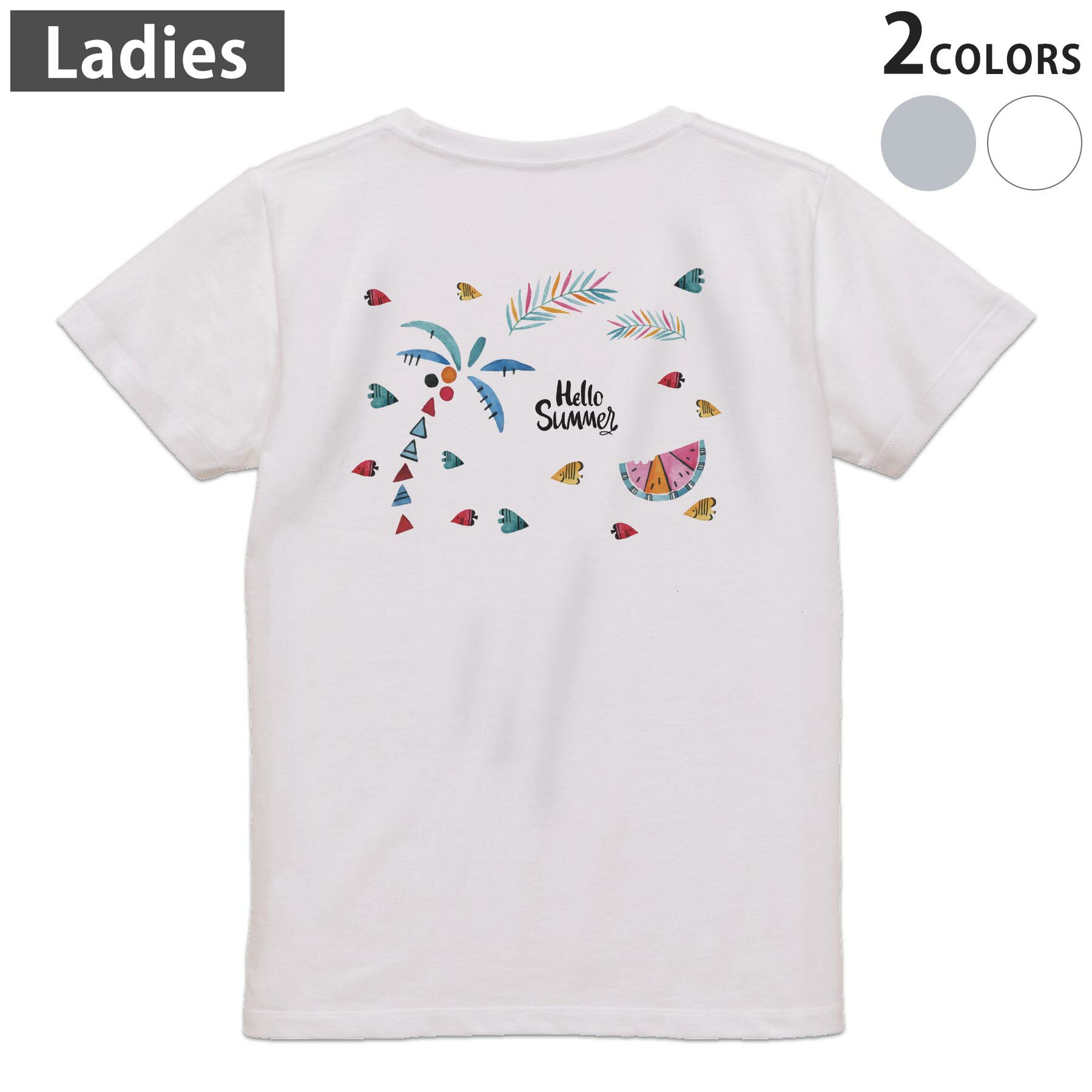 Tシャツ レディース バックプリント 半袖 ホワイト グレー デザイン M Lティーシャツ T shirt 017844 ヤシの木 スイカ summer