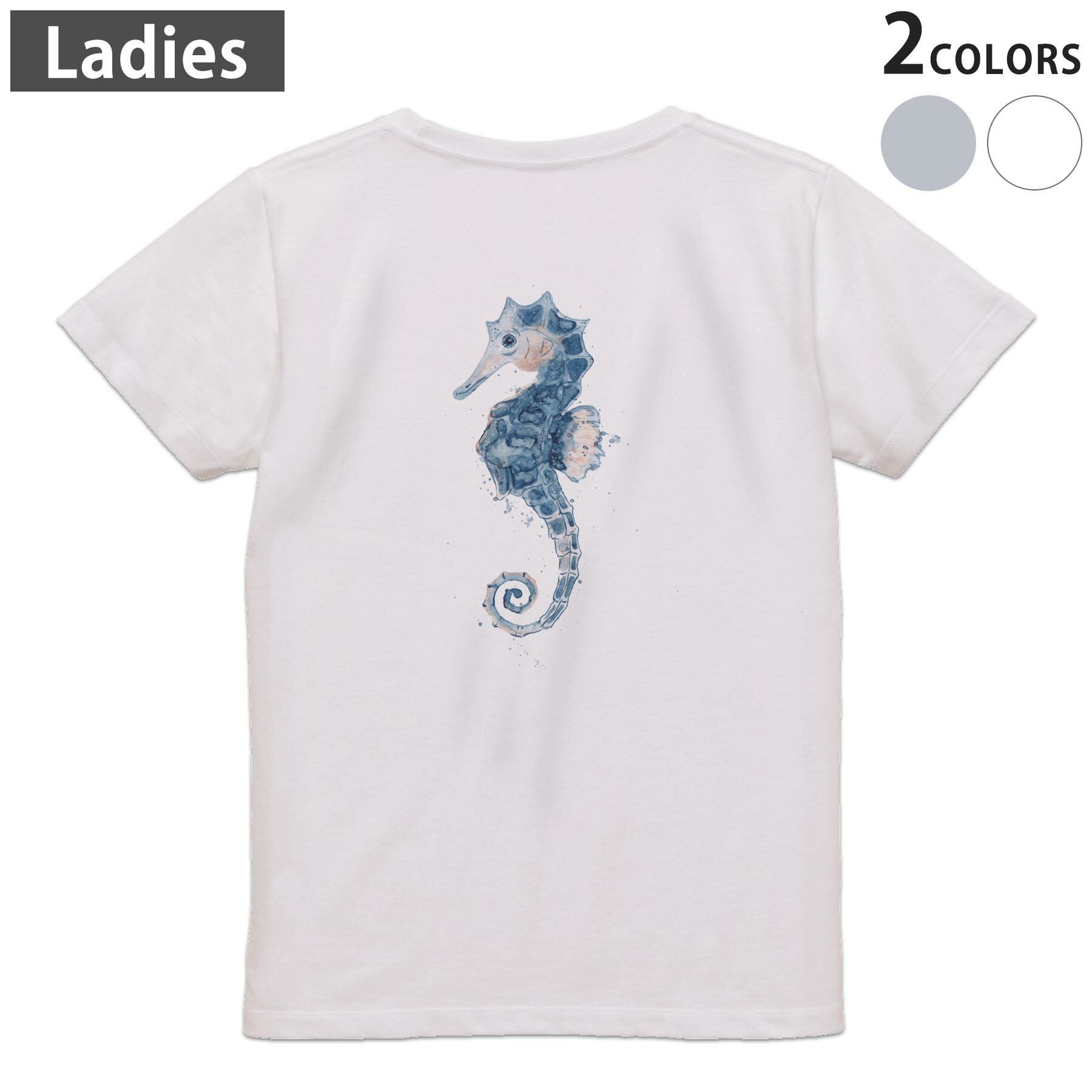乐天商城 - Tシャツ レディース バックプリント 半袖 ホワイト グレー デザイン M Lティーシャツ T shirt 017848 Underwater　タツノオトシゴ　海の中