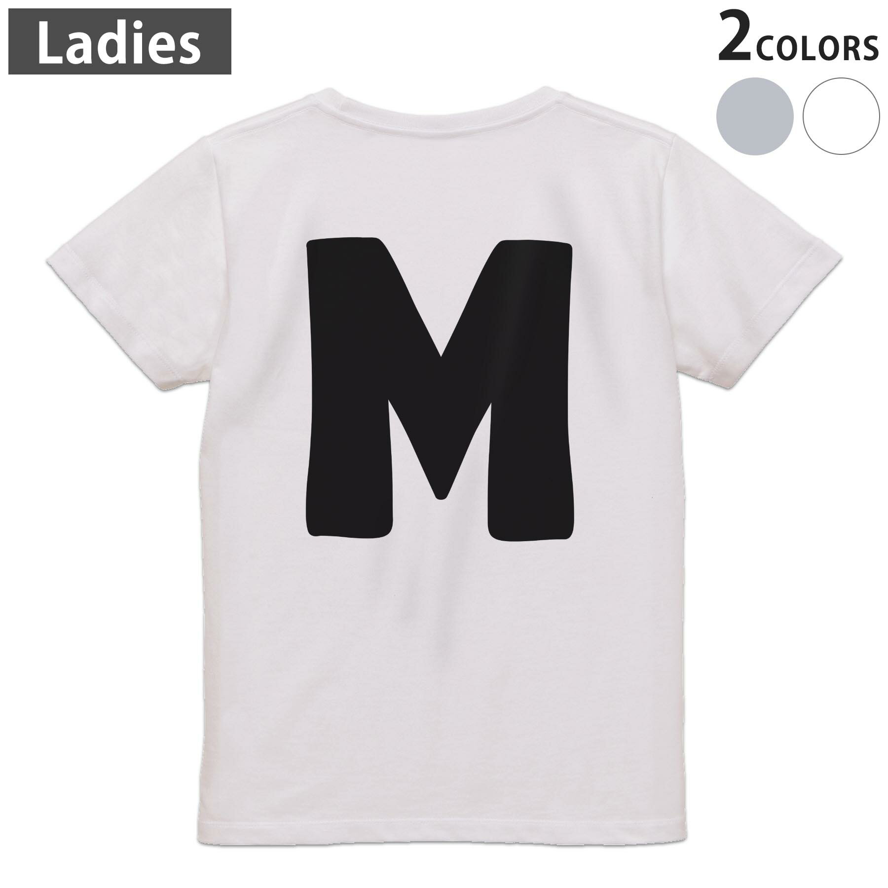 Print - Tシャツ レディース バックプリント 半袖 ホワイト グレー デザイン M Lティーシャツ T shirt 019193 文字 m アルファベット