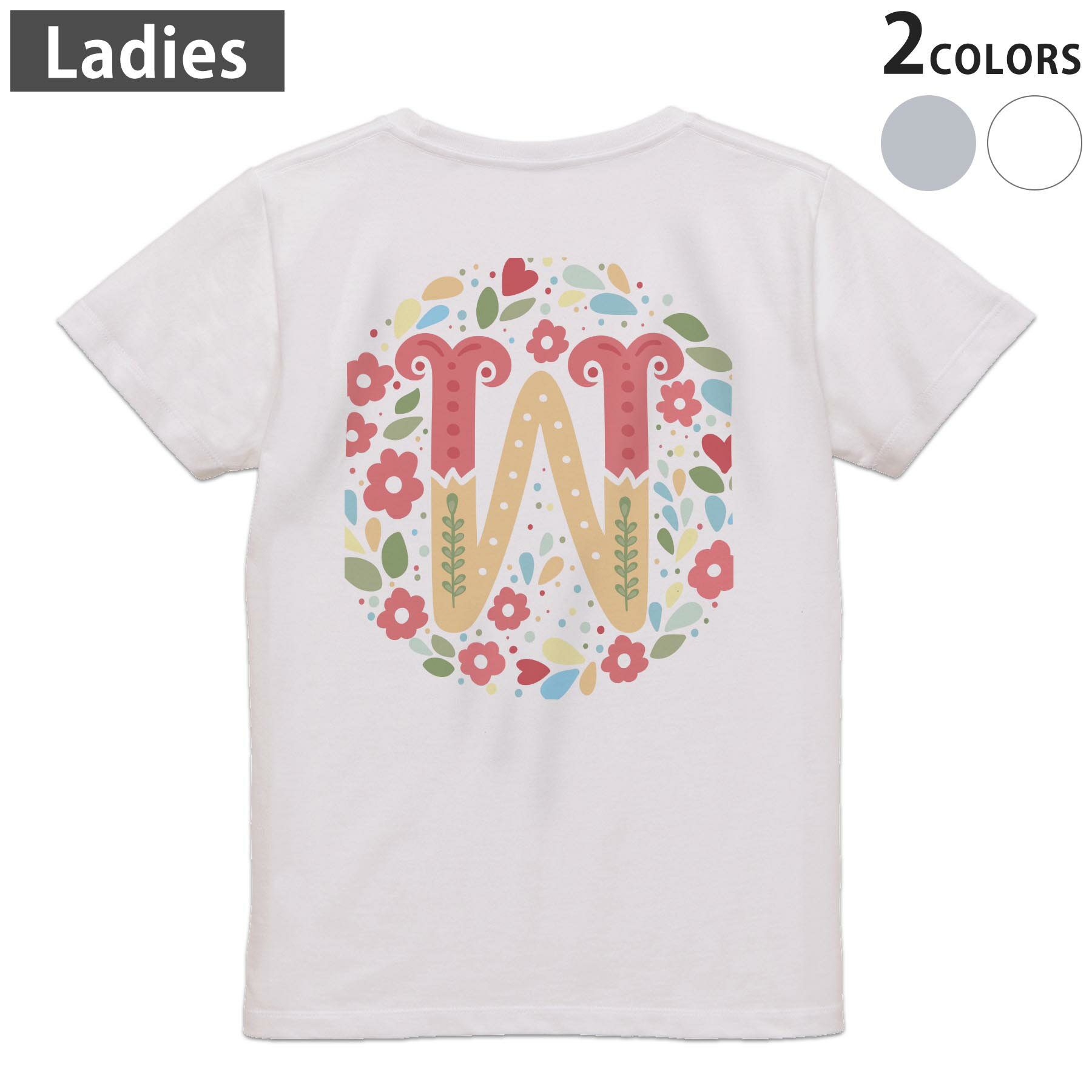 Three-Quarter - Tシャツ レディース バックプリント 半袖 ホワイト グレー デザイン M Lティーシャツ T shirt 019292 文字 w アルファベット
