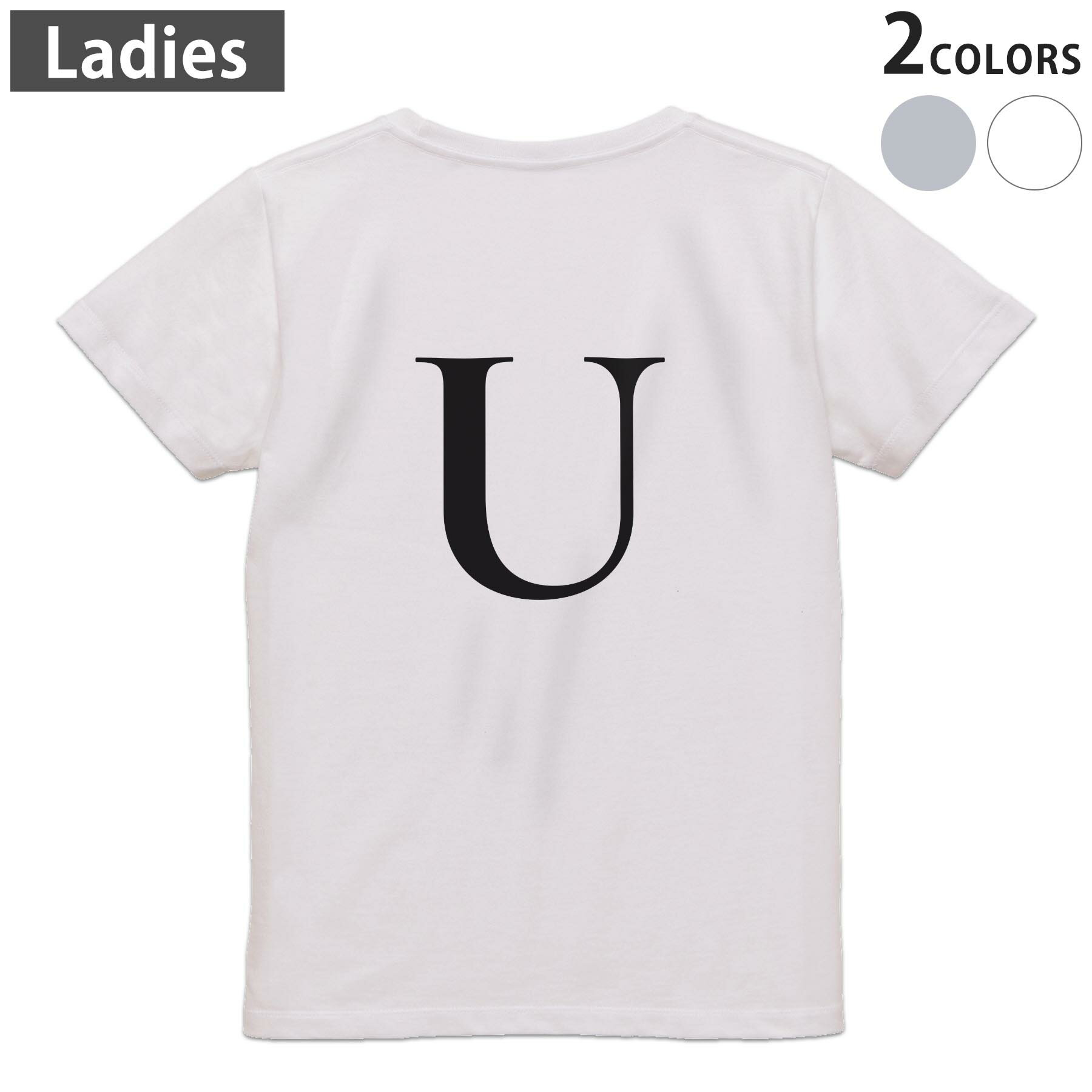 Print - Tシャツ レディース バックプリント 半袖 ホワイト グレー デザイン M Lティーシャツ T shirt 019554 文字 u アルファベット