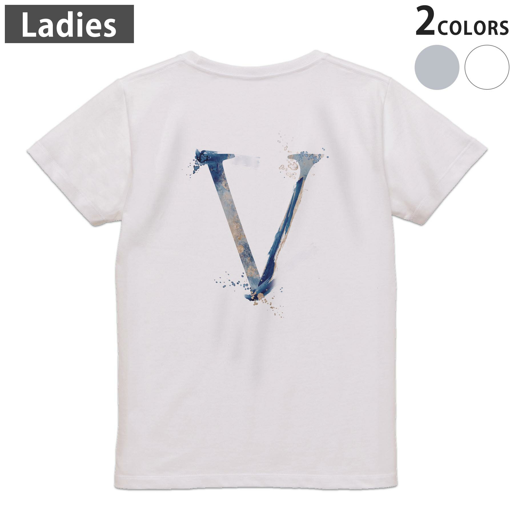 Print - Tシャツ レディース バックプリント 半袖 ホワイト グレー デザイン M Lティーシャツ T shirt 019637 文字 v アルファベット