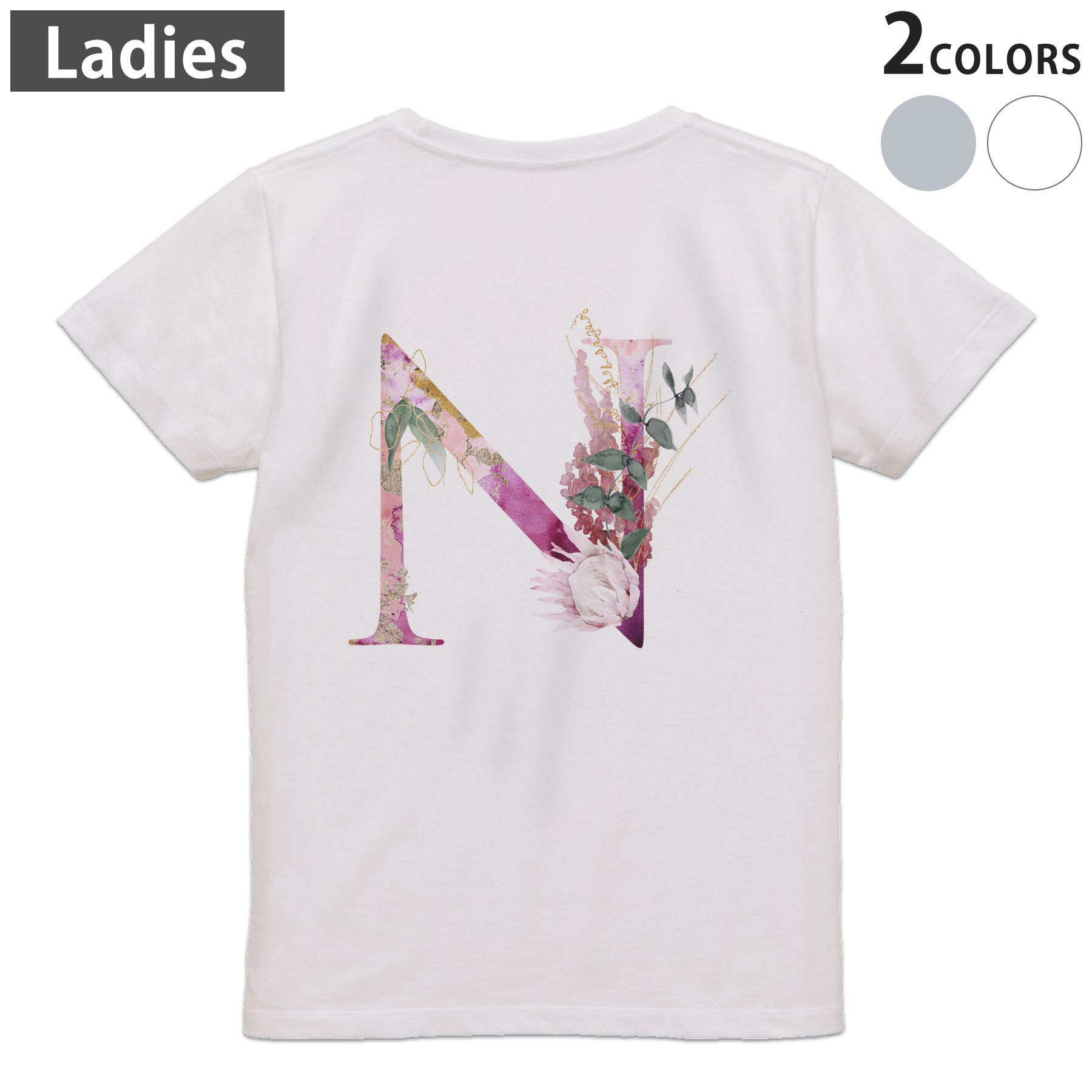 Tシャツ レディース バックプリント 半袖 ホワイト グレー デザイン M Lティーシャツ T shirt 019702 文字 n アルファベット