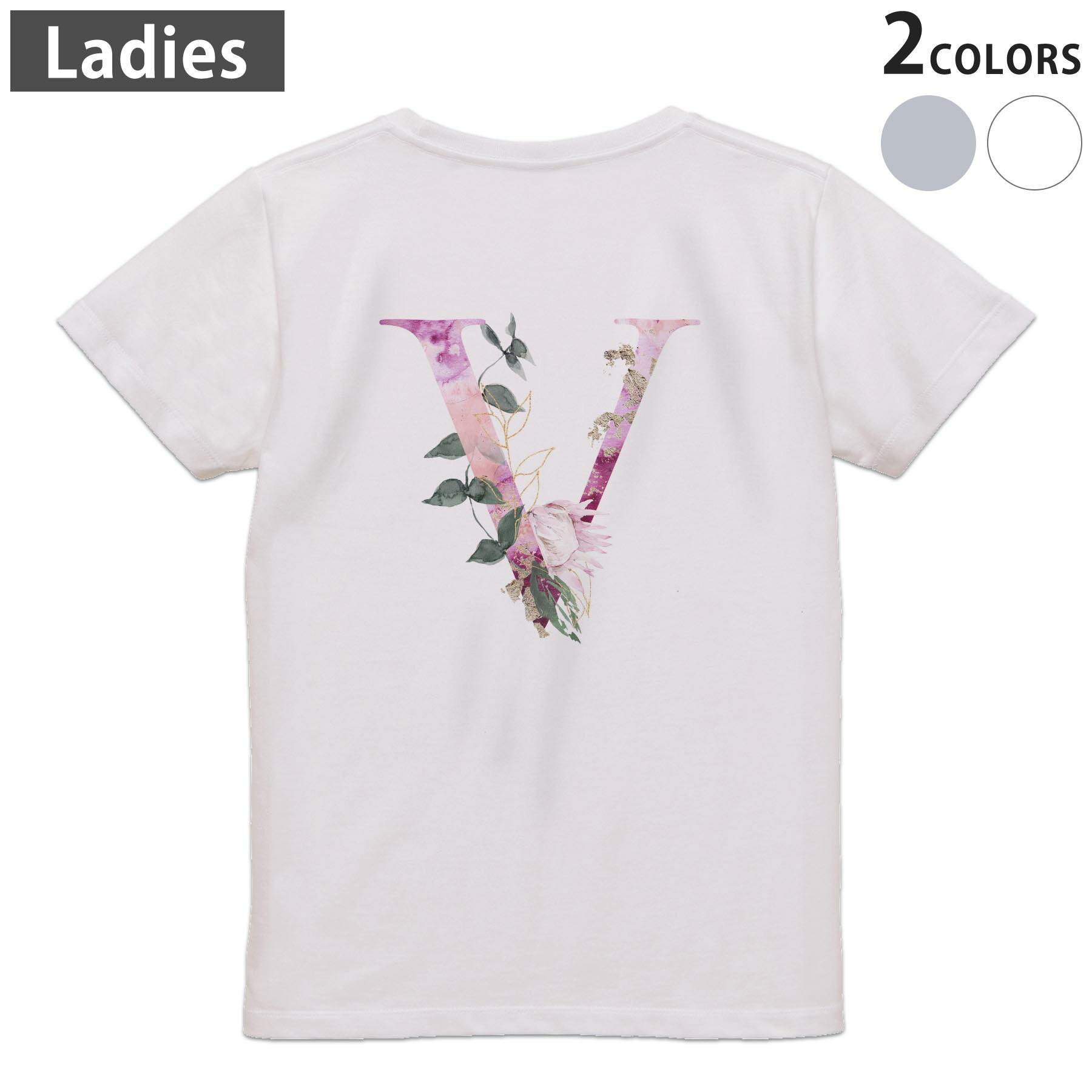 Print - Tシャツ レディース バックプリント 半袖 ホワイト グレー デザイン M Lティーシャツ T shirt 019710 文字 v アルファベット