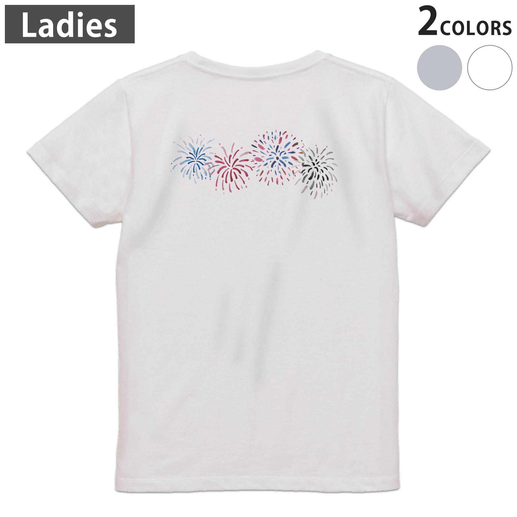 Print - Tシャツ レディース バックプリント 半袖 ホワイト グレー デザイン M Lティーシャツ T shirt 019750 夏 打ち上げ花火 firework