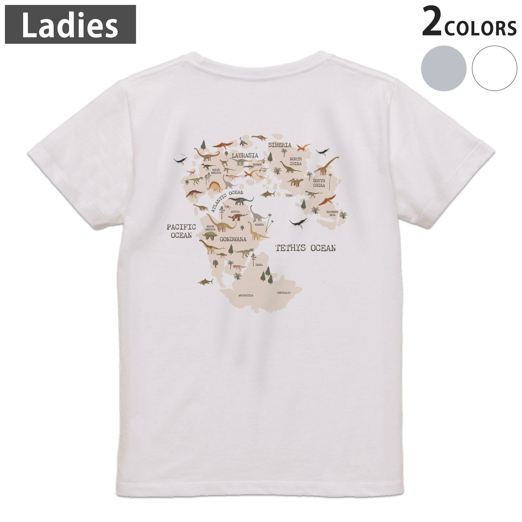 Tシャツ レディース バックプリント 半袖 ホワイト グレー デザイン M Lティーシャツ T shirt 019762 恐竜 地図 mapdinosaur