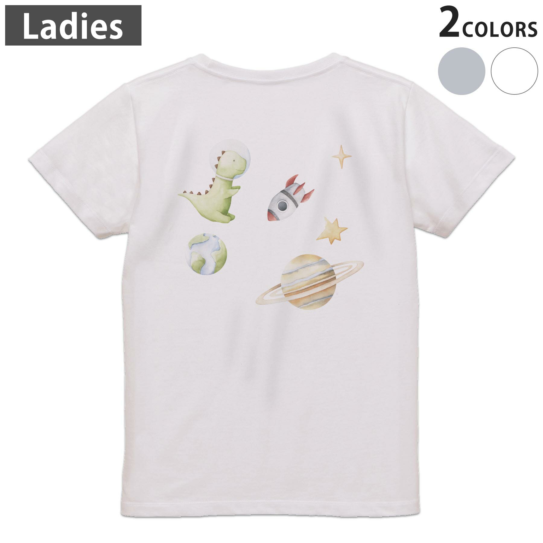 Original - Tシャツ レディース バックプリント 半袖 ホワイト グレー デザイン M Lティーシャツ T shirt 019844 宇宙 恐竜 dinosaur