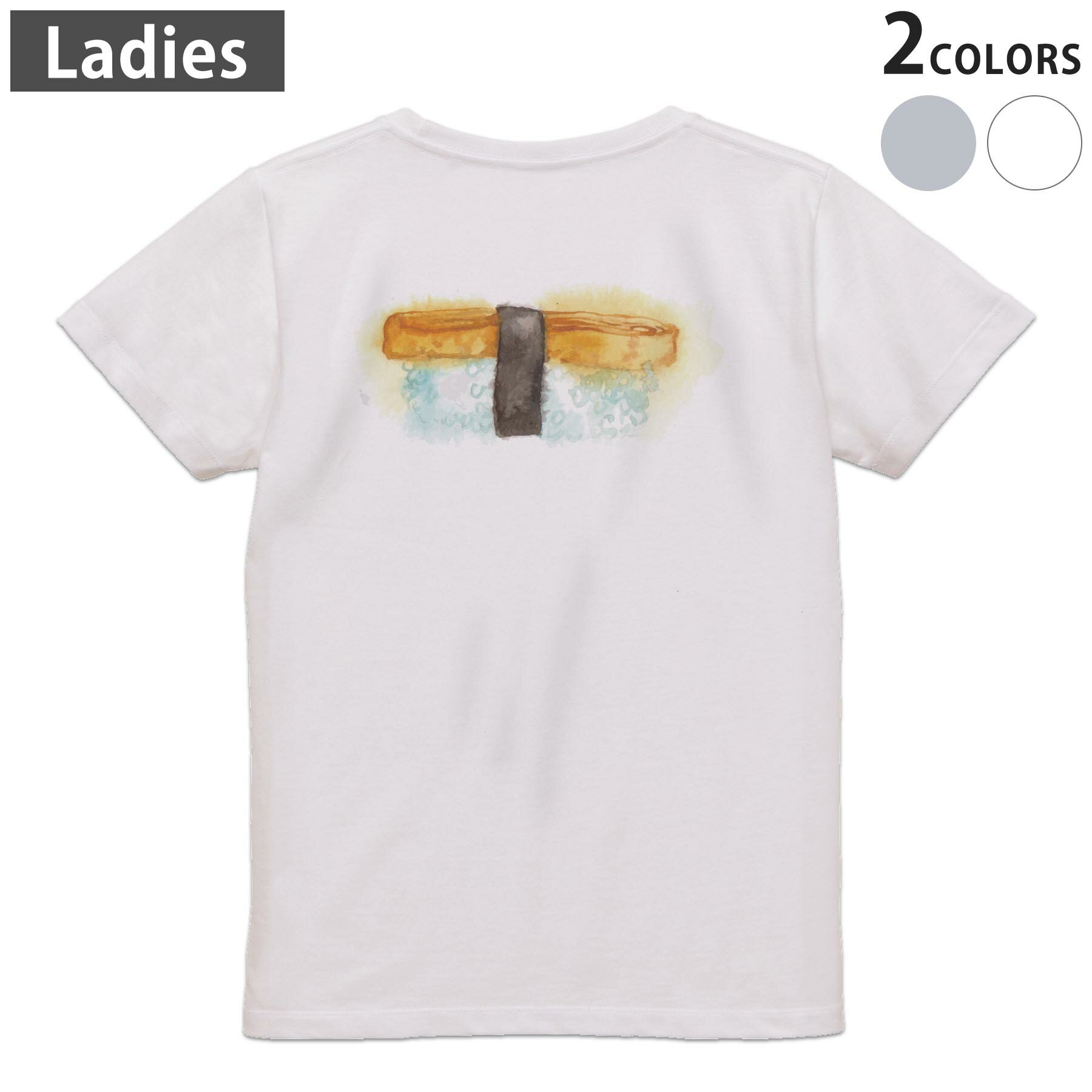 Print - Tシャツ レディース バックプリント 半袖 ホワイト グレー デザイン M Lティーシャツ T shirt 019855 お寿司 Sushi ご飯
