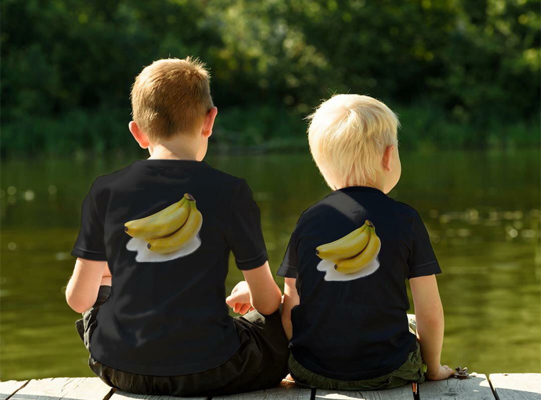 tシャツ キッズ バックプリント 半袖 黒地 ブラック デザイン 90 100 110 120 130 140 150 Tシャツ ティーシャツ T shirt 001182 バナナ　フルーツ　果物