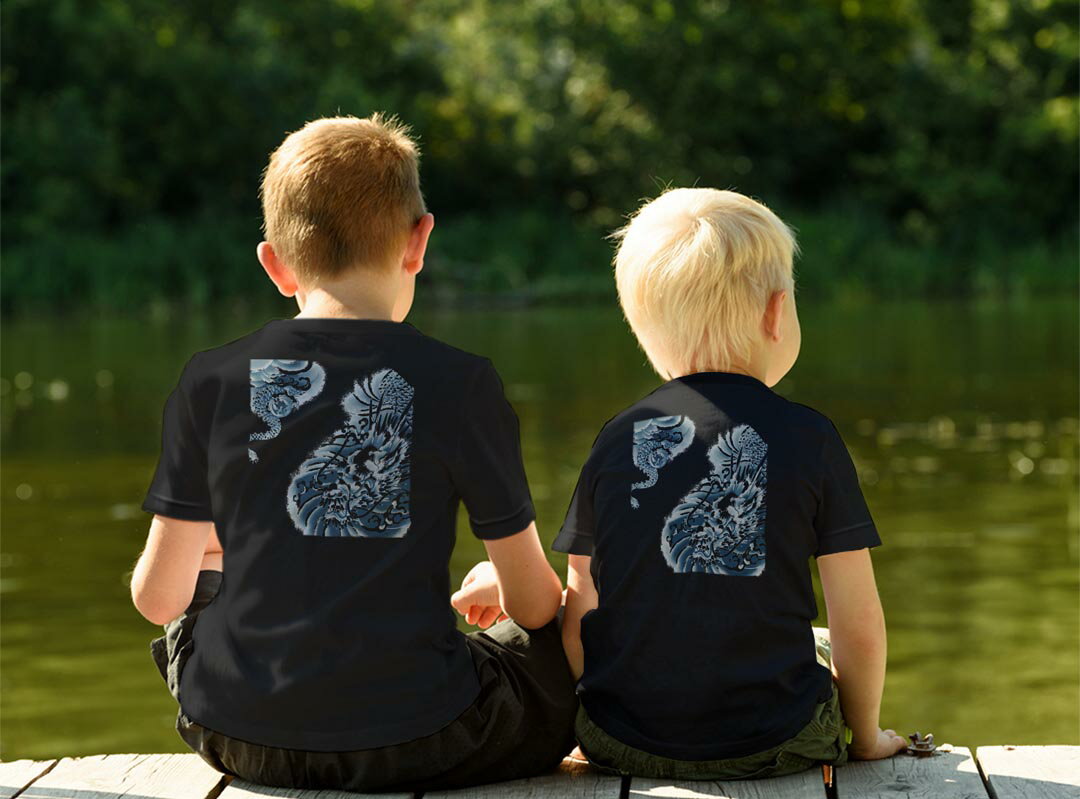 tシャツ キッズ バックプリント 半袖 黒地 ブラック デザイン 90 100 110 120 130 140 150 Tシャツ ティーシャツ T shirt 001218 龍　ドラゴン　和