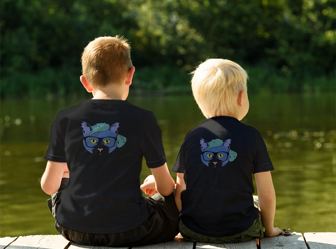 tシャツ キッズ バックプリント 半袖 黒地 ブラック デザイン 90 100 110 120 130 140 150 Tシャツ ティーシャツ T shirt 022734 猫 かわいい