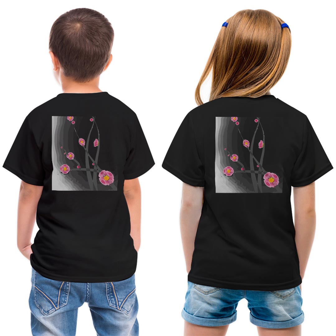 tシャツ キッズ バックプリント 半袖 黒地 ブラック デザイン 90 100 110 120 130 140 150 Tシャツ ティーシャツ T shirt 005908 和風　和柄　花