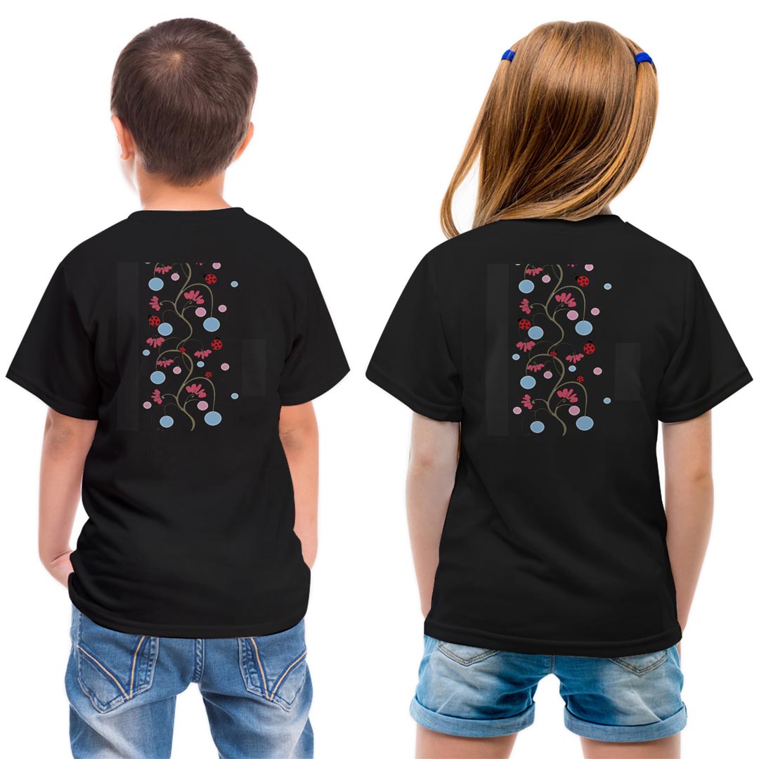 tシャツ キッズ バックプリント 半袖 黒地 ブラック デザイン 90 100 110 120 130 140 150 Tシャツ ティーシャツ T shirt 006602 花　　テントウ虫