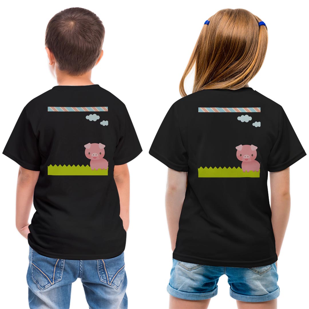 Character - tシャツ キッズ バックプリント 半袖 黒地 ブラック デザイン 90 100 110 120 130 140 150 Tシャツ ティーシャツ T shirt 006830 ぶた　キャラクター