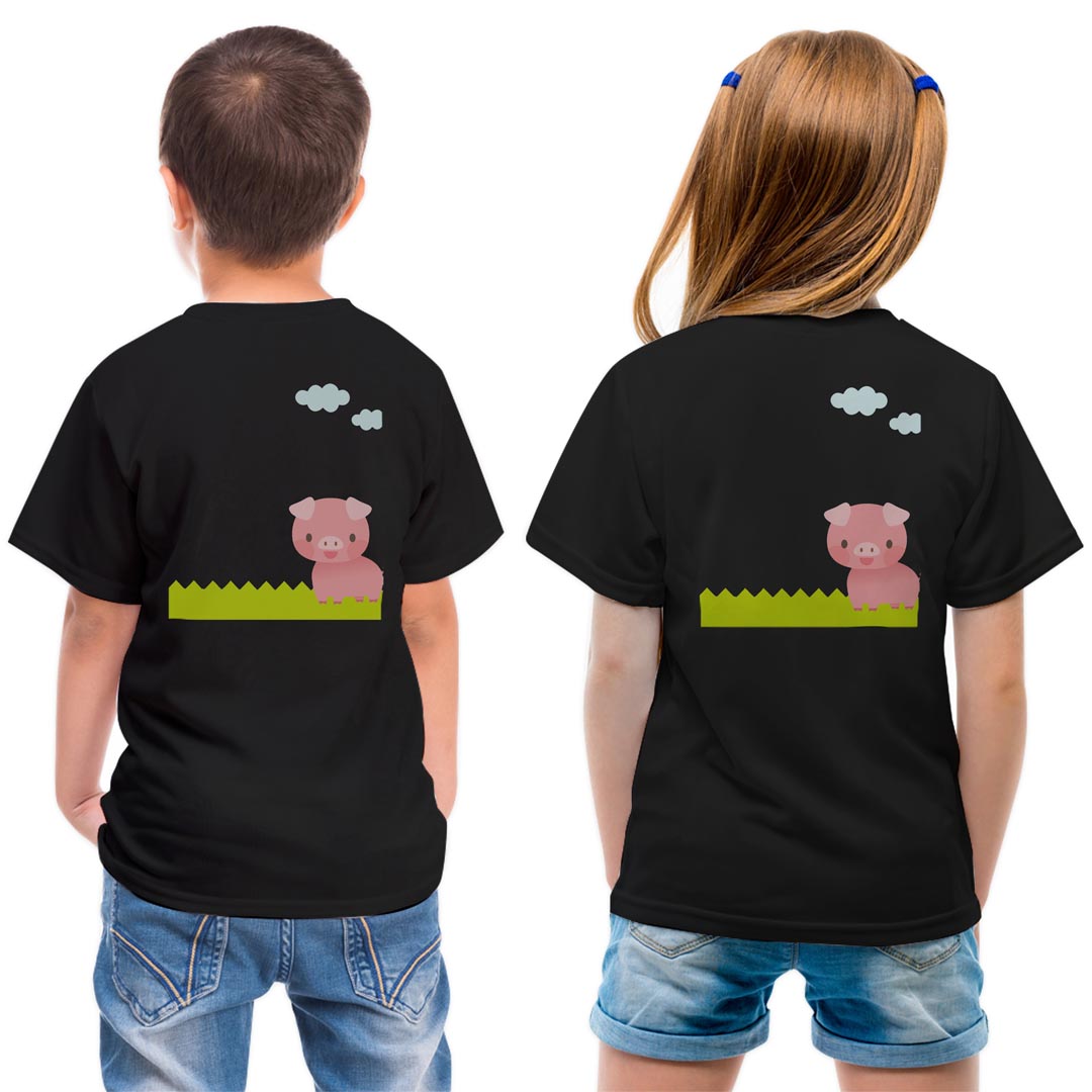 Character - tシャツ キッズ バックプリント 半袖 黒地 ブラック デザイン 90 100 110 120 130 140 150 Tシャツ ティーシャツ T shirt 007165 ぶた　キャラクター