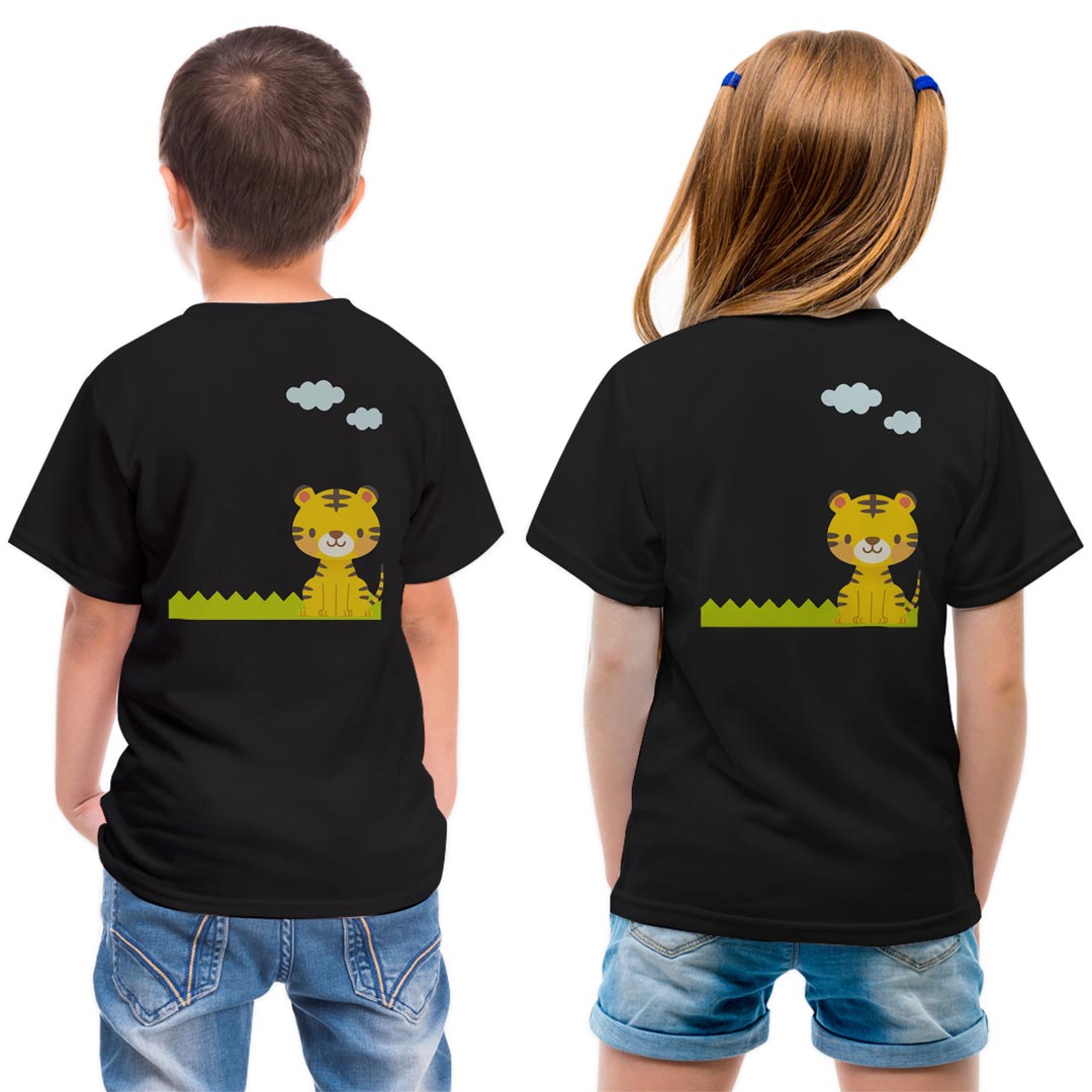 Character - tシャツ キッズ バックプリント 半袖 黒地 ブラック デザイン 90 100 110 120 130 140 150 Tシャツ ティーシャツ T shirt 007168 トラ　キャラクター