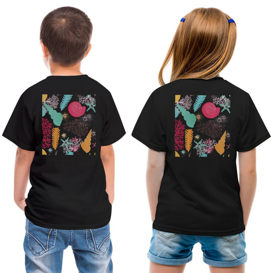 tシャツ キッズ バックプリント 半袖 黒地 ブラック デザイン 90 100 110 120 130 140 150 Tシャツ ティーシャツ T shirt 008171 海　カラフル　貝殻　ヒトデ　模様(4.0)