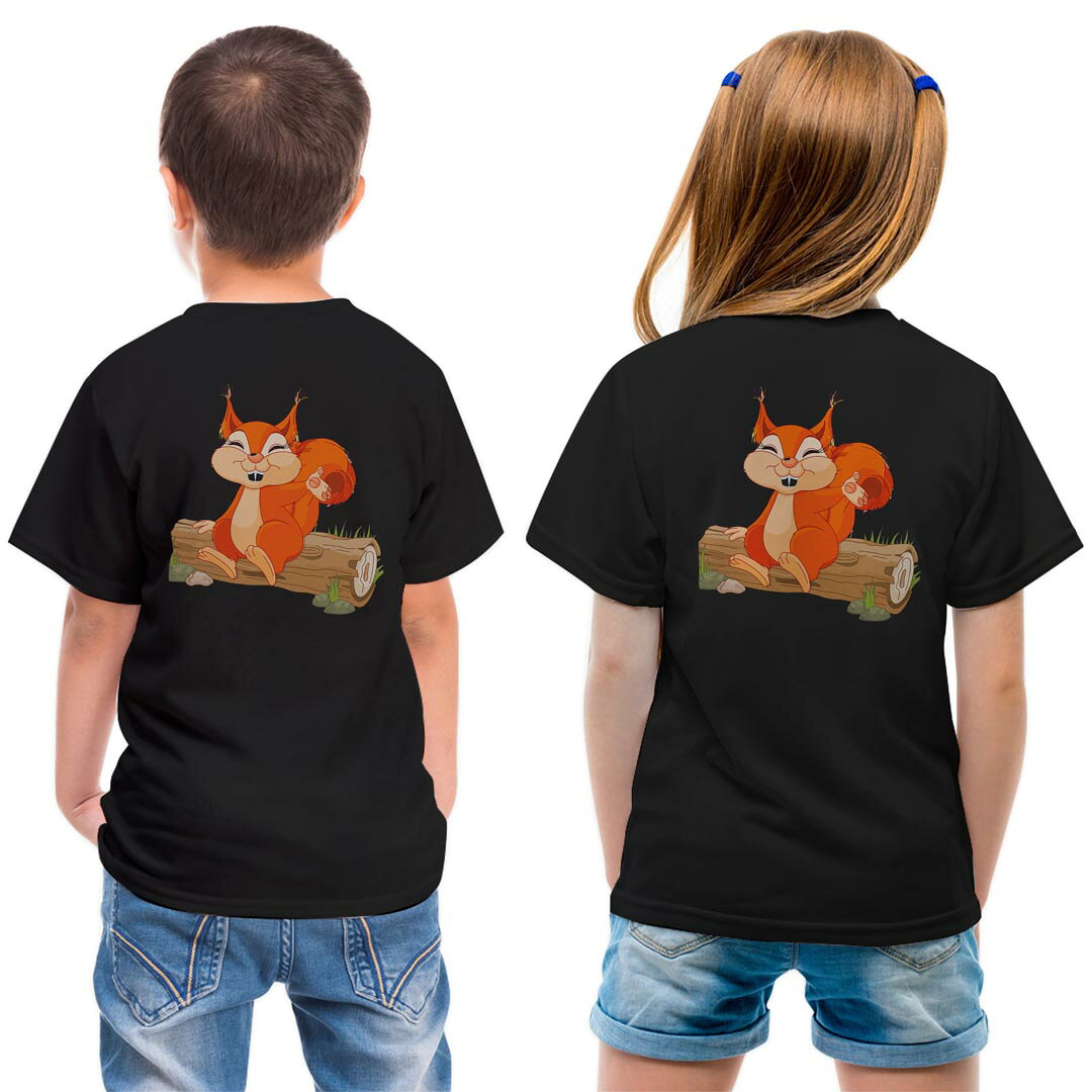 Character - tシャツ キッズ バックプリント 半袖 黒地 ブラック デザイン 90 100 110 120 130 140 150 Tシャツ ティーシャツ T shirt 009439 キャラクター　リス　動物
