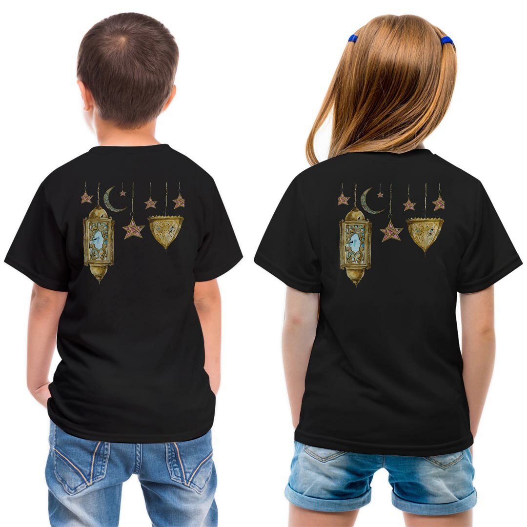 tシャツ キッズ バックプリント 半袖 黒地 ブラック デザイン 90 100 110 120 130 140 150 Tシャツ ティーシャツ T shirt 009705 アンティーク　星　月