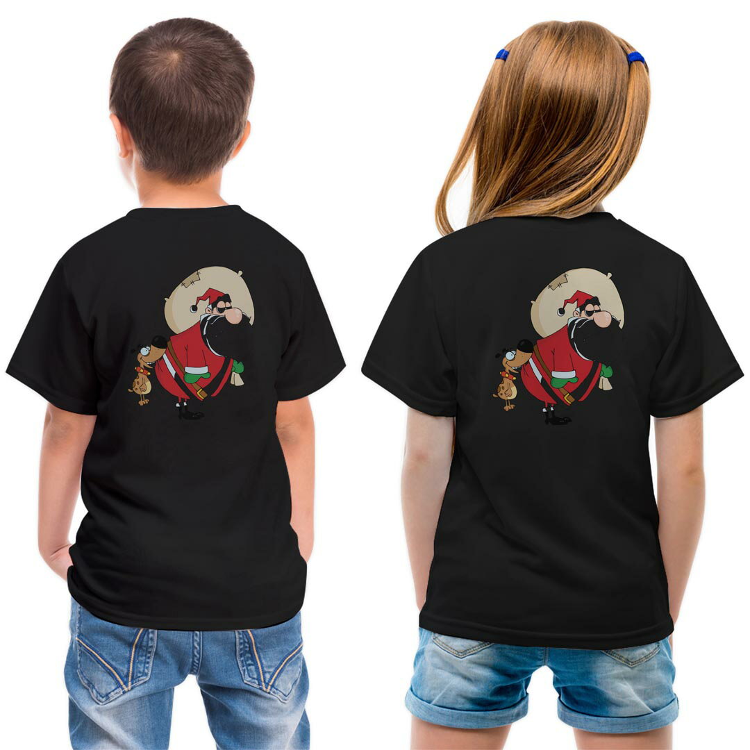 Character - tシャツ キッズ バックプリント 半袖 黒地 ブラック デザイン 90 100 110 120 130 140 150 Tシャツ ティーシャツ T shirt 010068 クリスマス　サンタ　キャラクター
