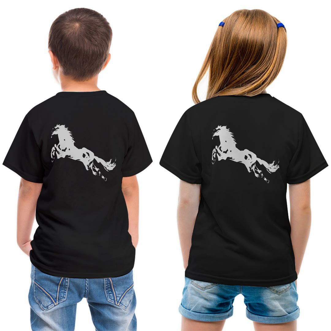 tシャツ キッズ バックプリント 半袖 黒地 ブラック デザイン 90 100 110 120 130 140 150 Tシャツ ティーシャツ T shirt 011433 動物　うま　モノトーン