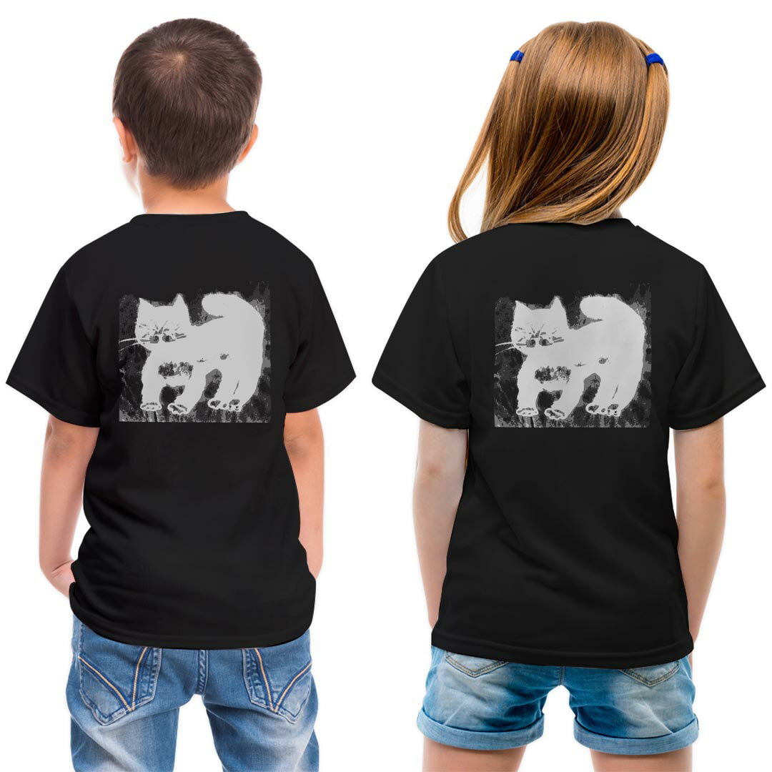 tシャツ キッズ バックプリント 半袖 黒地 ブラック デザイン 90 100 110 120 130 140 150 Tシャツ ティーシャツ T shirt 011437 動物 猫 アニマル