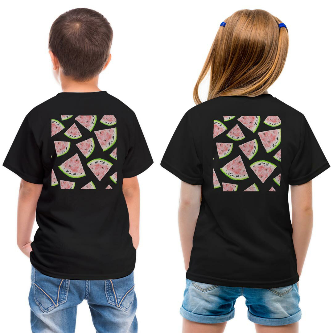 tシャツ キッズ バックプリント 半袖 黒地 ブラック デザイン 90 100 110 120 130 140 150 Tシャツ ティーシャツ T shirt 012205 スイカ　果物　夏