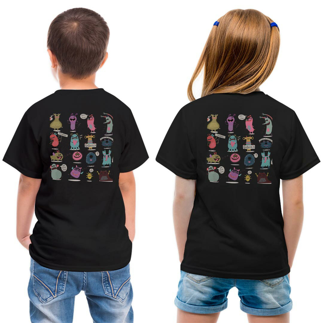 tシャツ キッズ バックプリント 半袖 黒地 ブラック デザイン 90 100 110 120 130 140 150 Tシャツ ティーシャツ T shirt 013257 おばけ モンスター イラスト
