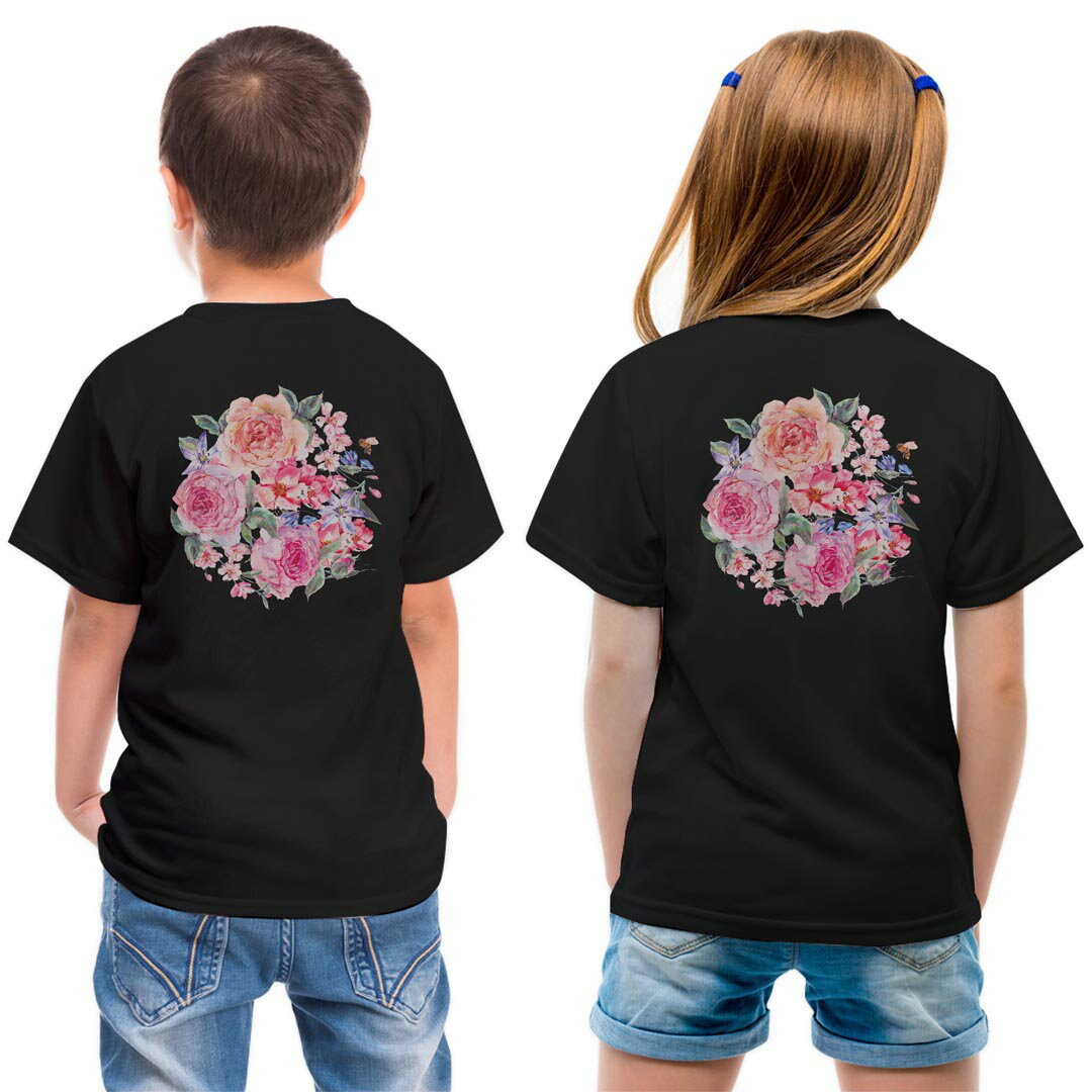 tシャツ キッズ バックプリント 半袖 黒地 ブラック デザイン 90 100 110 120 130 140 150 Tシャツ ティーシャツ T shirt 013495 花 花柄 水彩