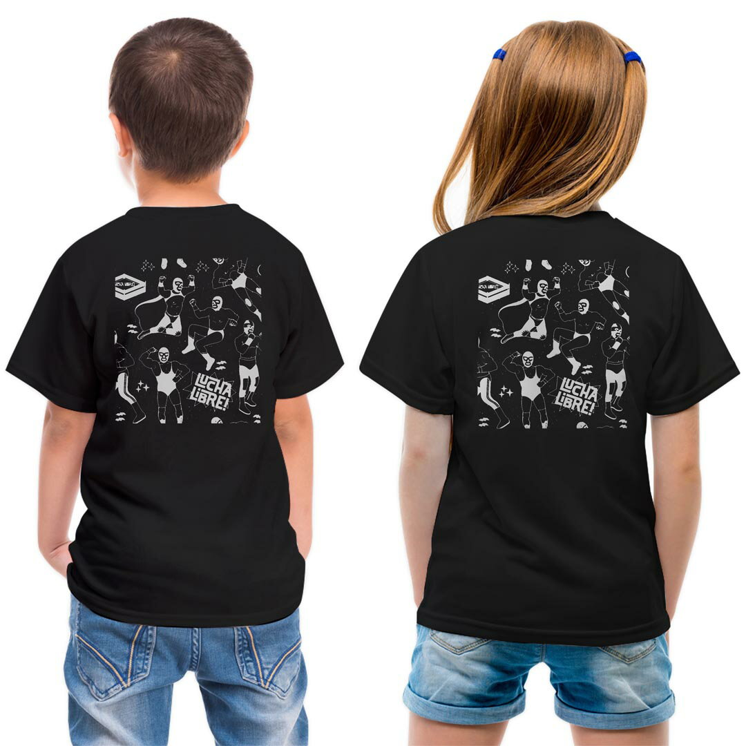 tシャツ キッズ バックプリント 半袖 黒地 ブラック デザイン 90 100 110 120 130 140 150 Tシャツ ティーシャツ T shirt 014134 プロレス　マスク　キャラクター