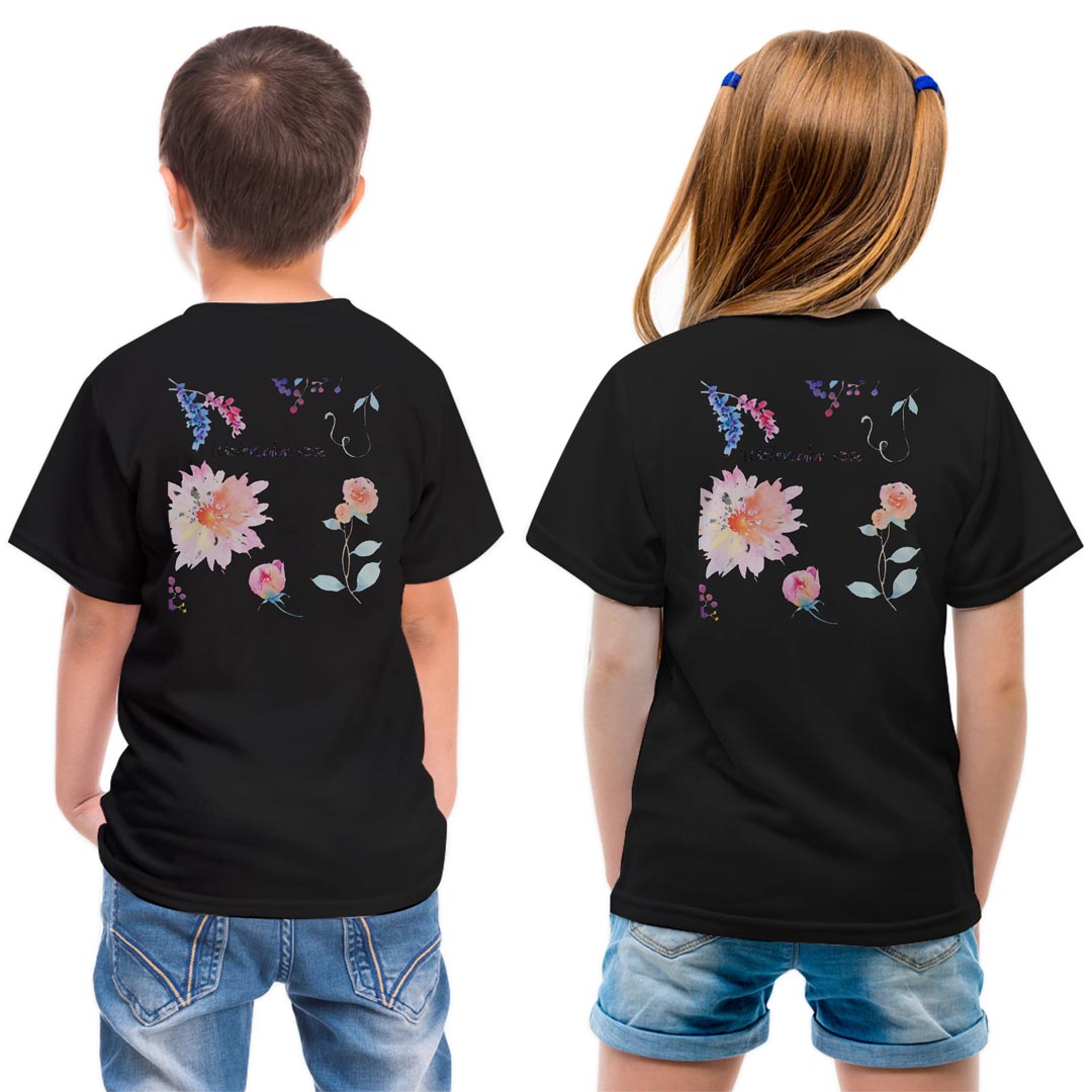 乐天商城 - tシャツ キッズ バックプリント 半袖 黒地 ブラック デザイン 90 100 110 120 130 140 150 Tシャツ ティーシャツ T shirt 015912 花　水彩　植物