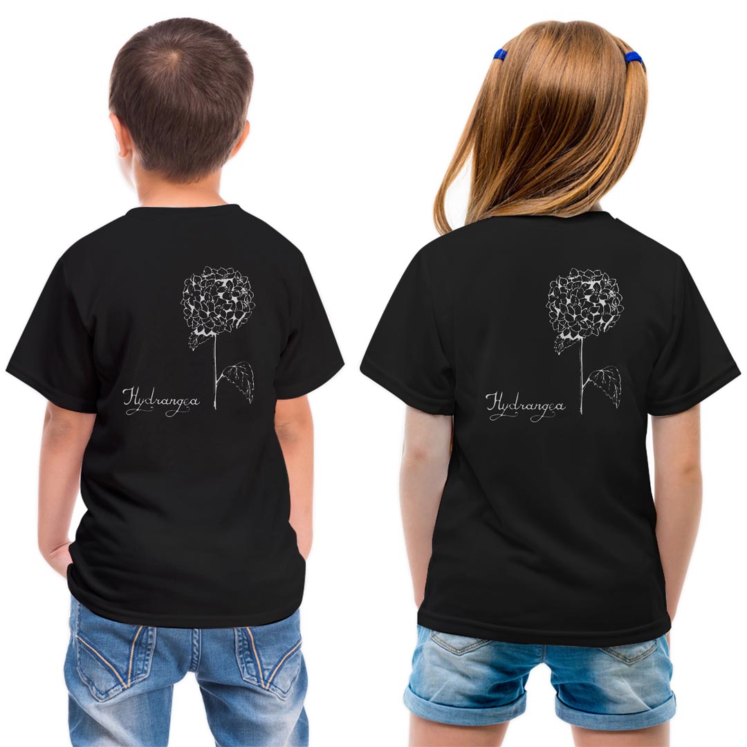 tシャツ キッズ バックプリント 半袖 黒地 ブラック デザイン 90 100 110 120 130 140 150 Tシャツ ティーシャツ T shirt 016339 あじさい　梅雨　花