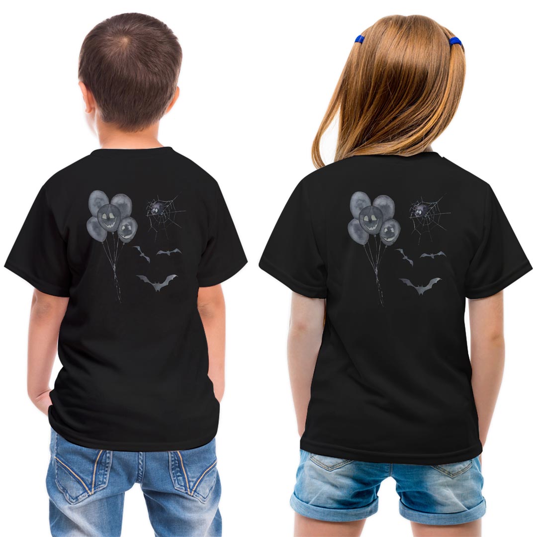 Japanese Print - tシャツ キッズ バックプリント 半袖 黒地 ブラック デザイン 90 100 110 120 130 140 150 Tシャツ ティーシャツ T shirt 017455 手書き風　風船　コウモリ