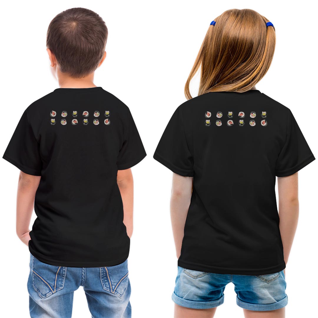 tシャツ キッズ バックプリント 半袖 黒地 ブラック デザイン 90 100 110 120 130 140 150 Tシャツ ティーシャツ T shirt 019913 お寿司 Sushi ご飯