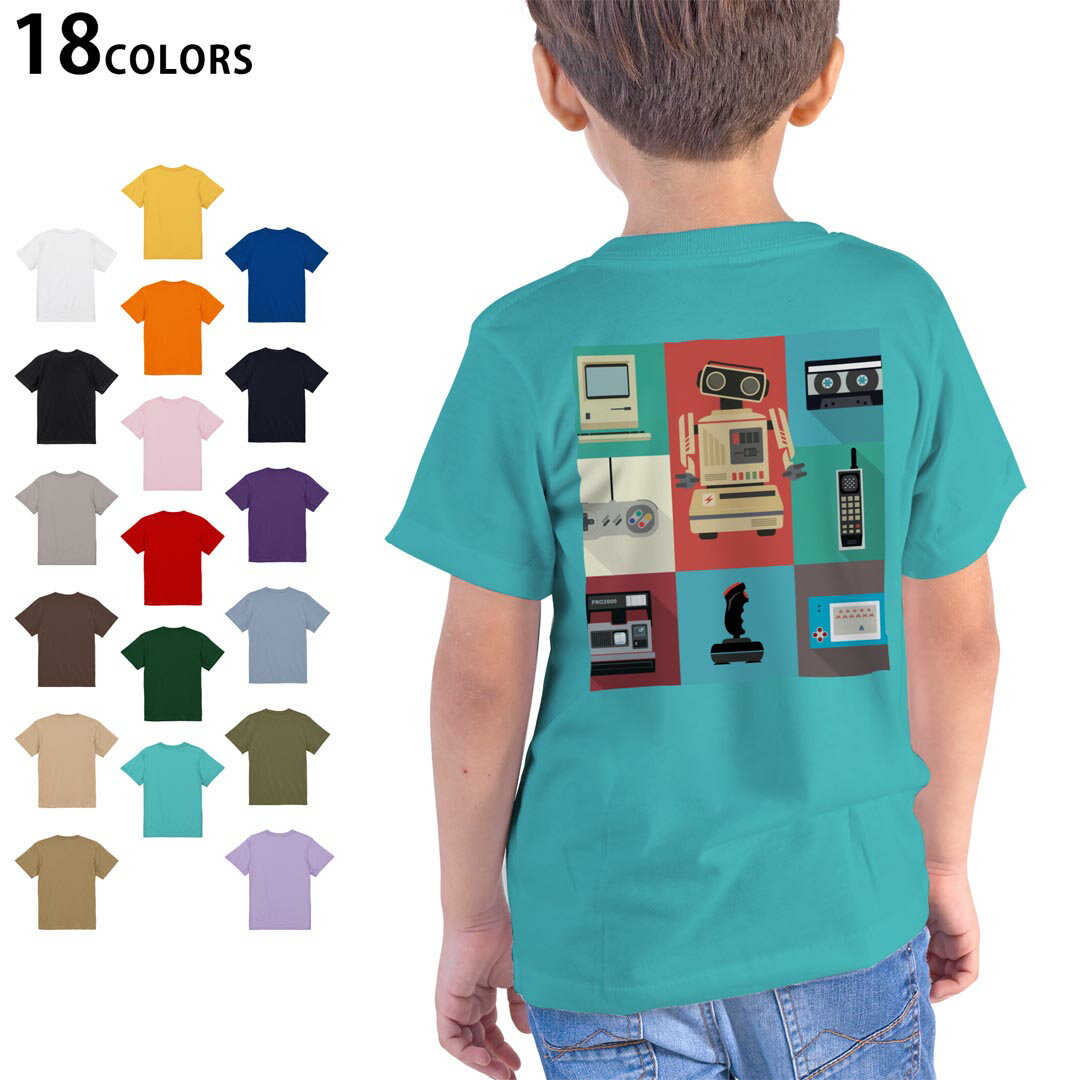 楽天kabeコレ選べる18カラー Tシャツ キッズ 半袖 ホワイト グレー デザイン 90 100 110 120 130 140 150 160 Tシャツ ティーシャツ T shirt 010292 ロボット　ゲーム　カラフル