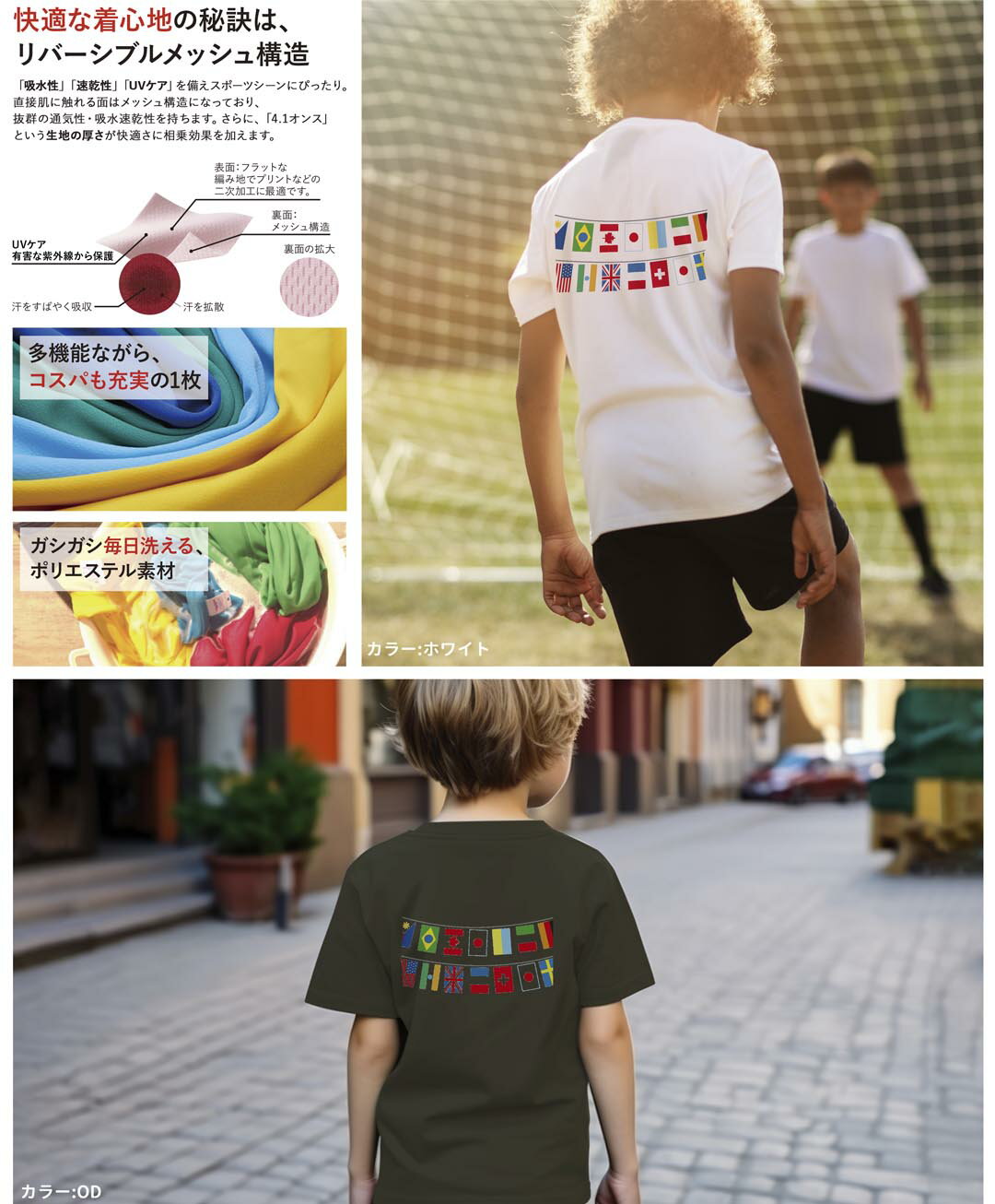 ドライTシャツ バックプリント 選べる18カラー tシャツ キッズ 半袖 速乾 UV デザイン 120 130 140 150 160 Tシャツ ティーシャツ T shirt　009656 国旗　外国　パーティー