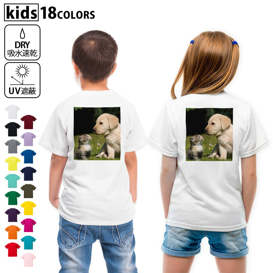 ドライTシャツ バックプリント 選べる18カラー tシャツ キッズ 半袖 速乾 UV デザイン 120 130 140 150 160 Tシャツ ティーシャツ T shirt　002794 犬　猫　動物　写真