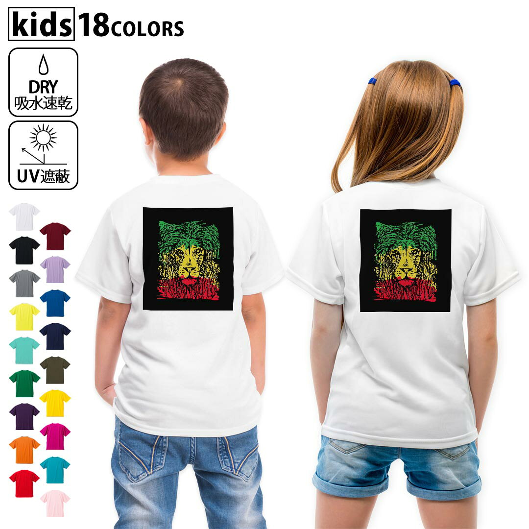 ドライTシャツ バックプリント 選べる18カラー tシャツ キッズ 半袖 速乾 UV デザイン 120 130 140 150 160 Tシャツ ティーシャツ T shirt　011947 レゲエ　ライオン　ラスタカラー
