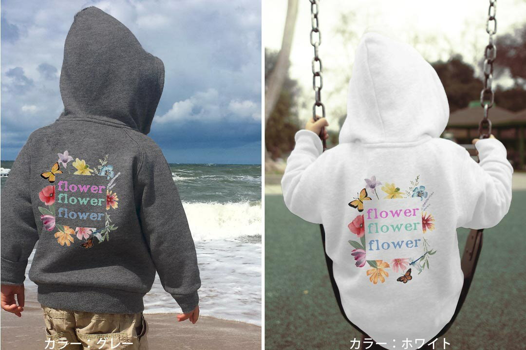 選べる3カラー パーカー スウェット バックプリントキッズ 男女兼用 男の子 女の子 ユニセックス unisex 長袖 デザイン リブ 110 130 150 parker sweat 032218 フラワー 3