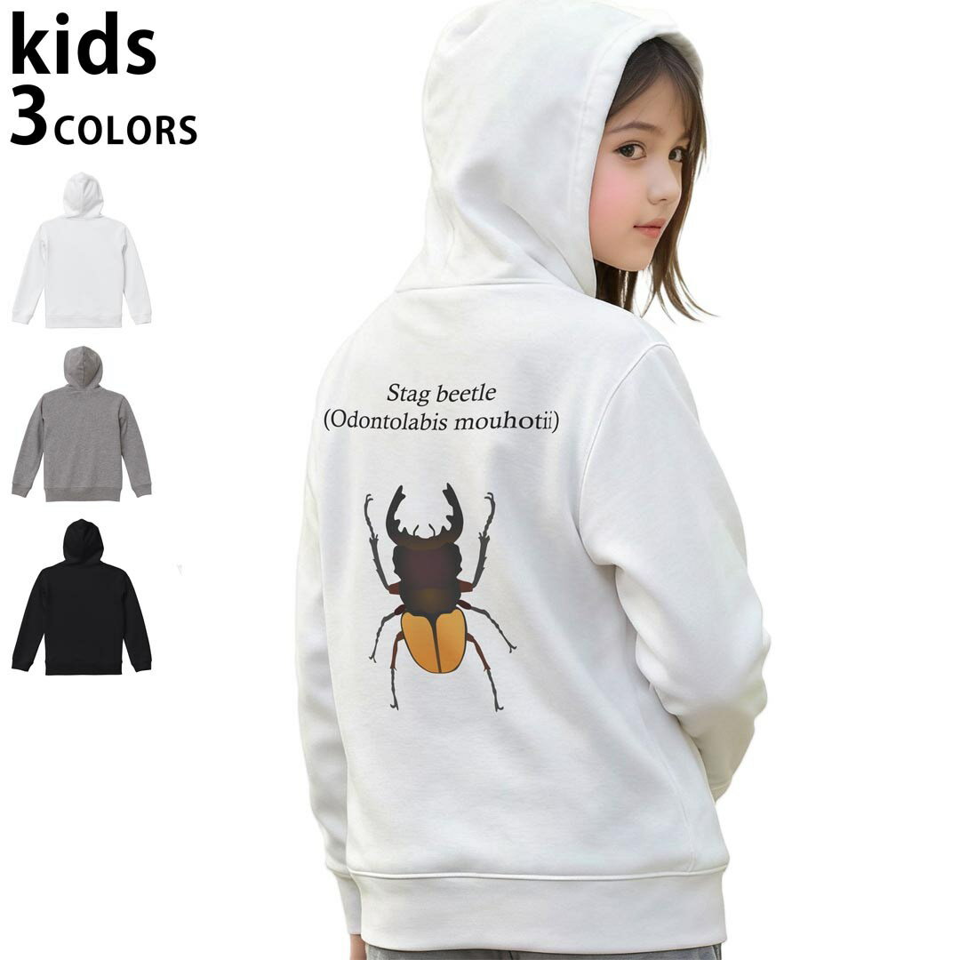 選べる3カラー パーカー スウェット バックプリントキッズ 男女兼用 男の子 女の子 ユニセックス unisex 長袖 デザイン リブ 110 130 150 parker sweat 020008 stag beetle クワガタムシ