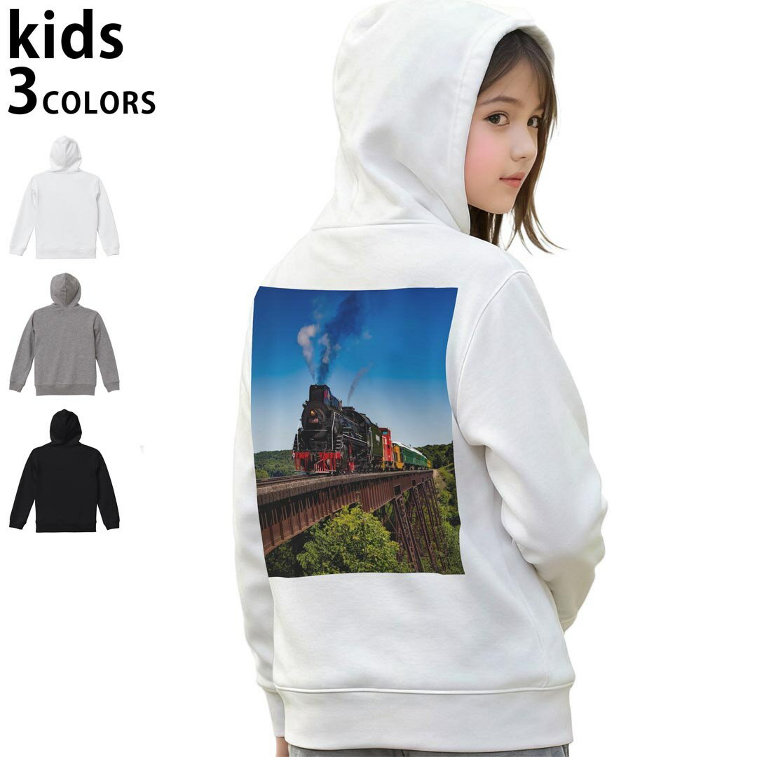選べる3カラー パーカー スウェット バックプリントキッズ 男女兼用 男の子 女の子 ユニセックス unisex 長袖 デザイン リブ 110 130 150 parker sweat 023901 機関車　鉄道